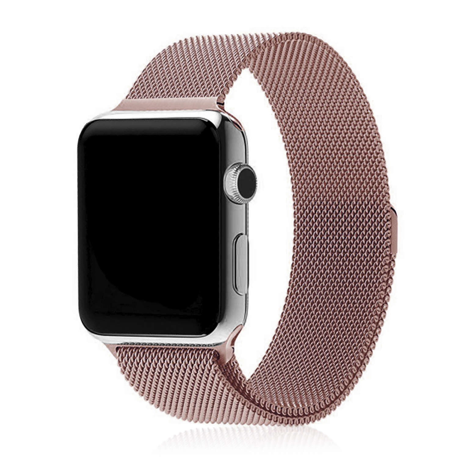 Un Apple Watch al polso con un cinturino a maglia color oro rosa.