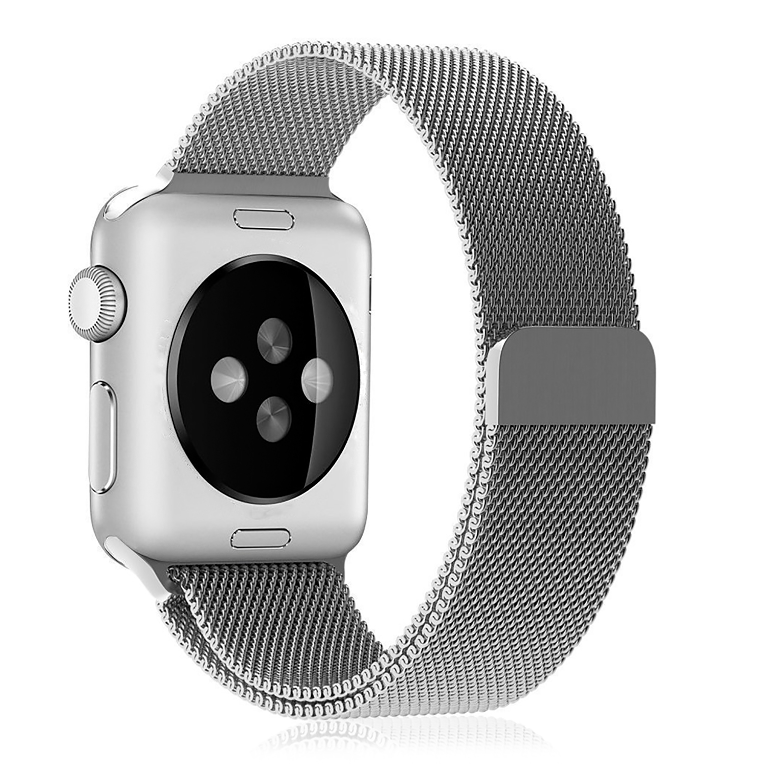 Un Apple Watch argento con cinturino a maglia d'argento.