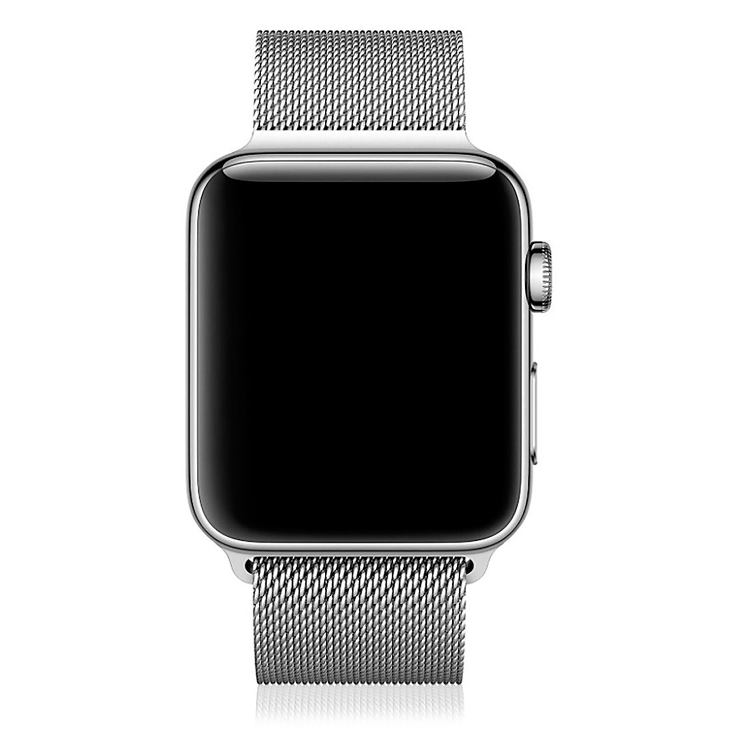 Un Apple Watch argentato con un cinturino a maglia argentata. L'orologio ha un display digitale e un pulsante a destra.