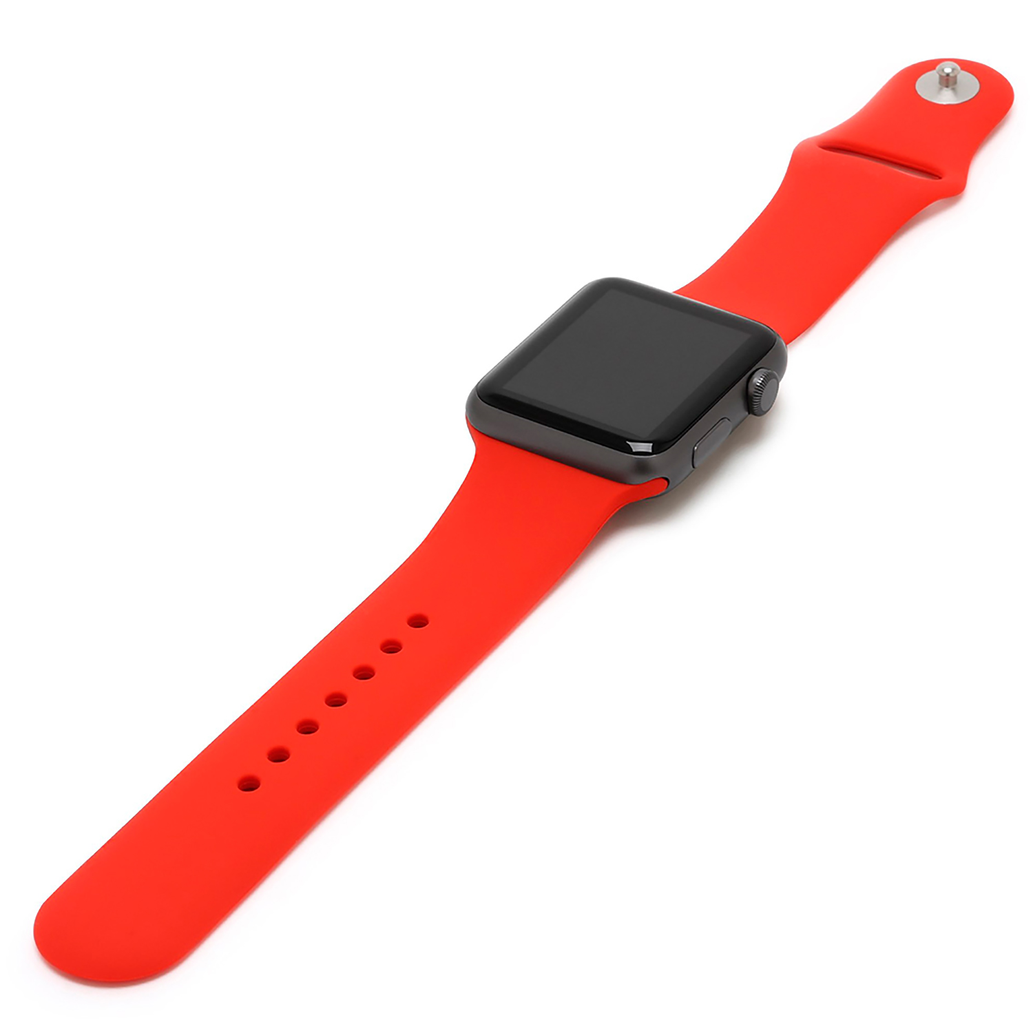 Apple Watch con cinturino rosso. L'orologio è nero con quadrante quadrato.