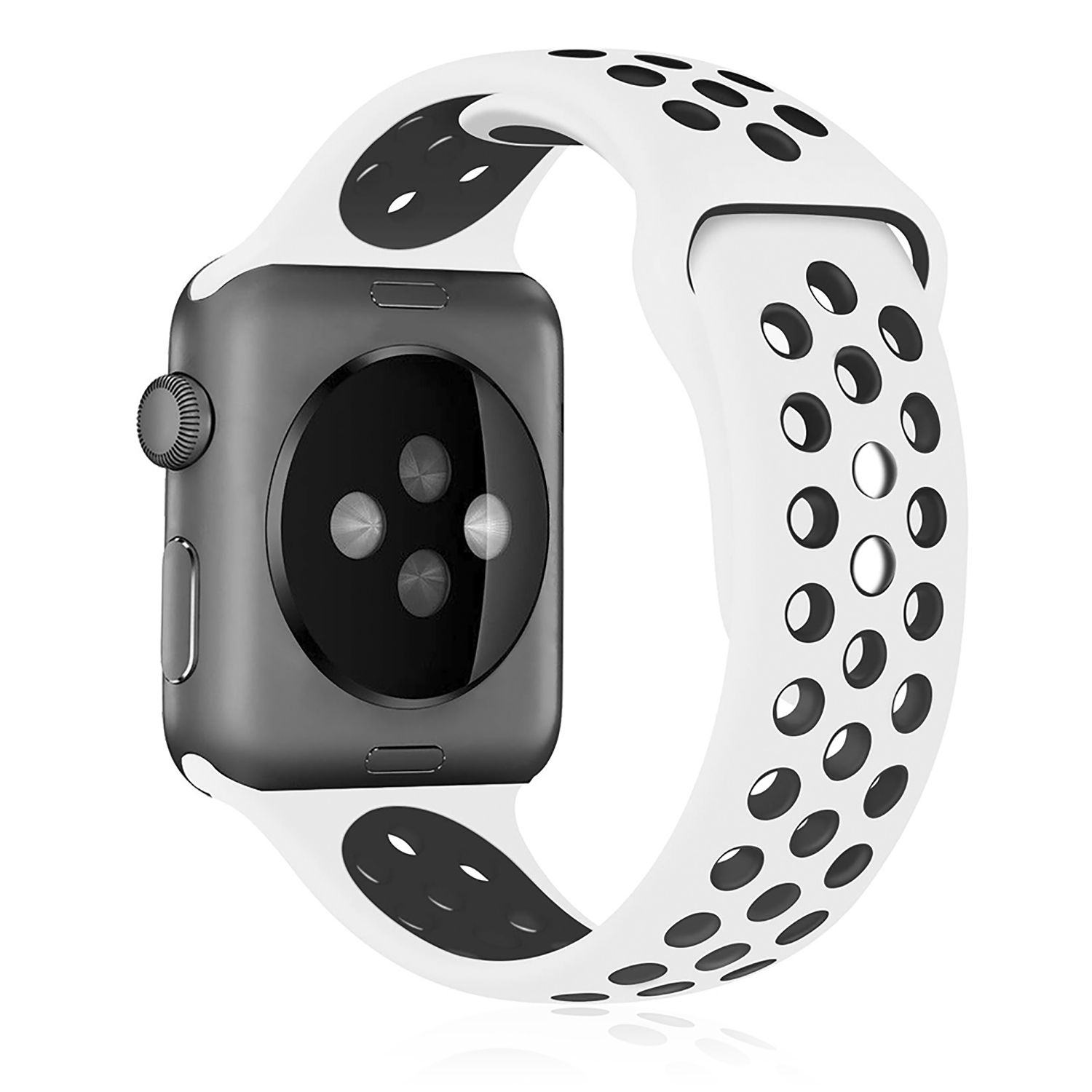 Cinturino Apple Watch bianco e nero con orologio grigio. Il cinturino ha fori.
