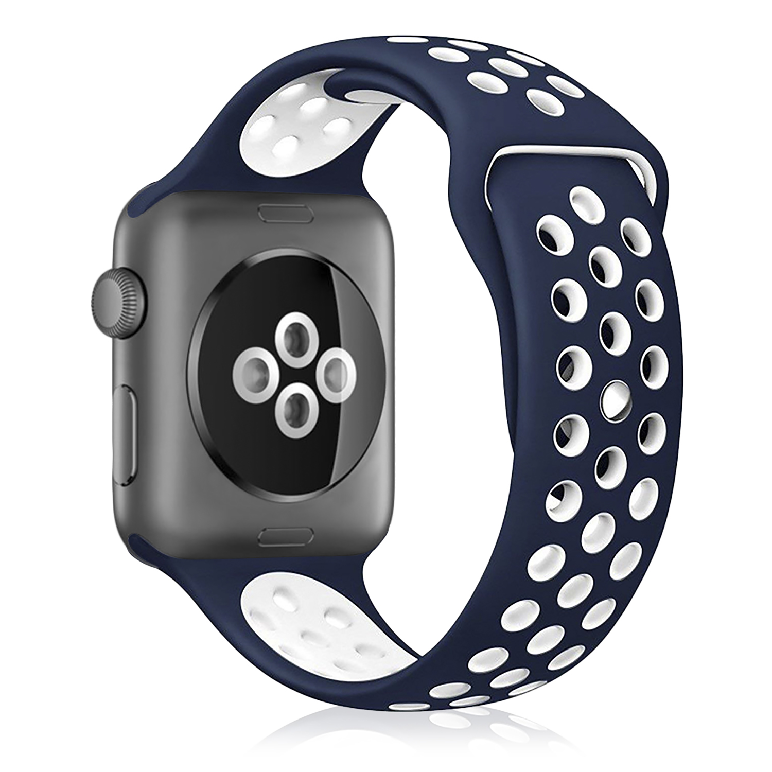 Apple Watch con cinturino blu e punti bianchi.