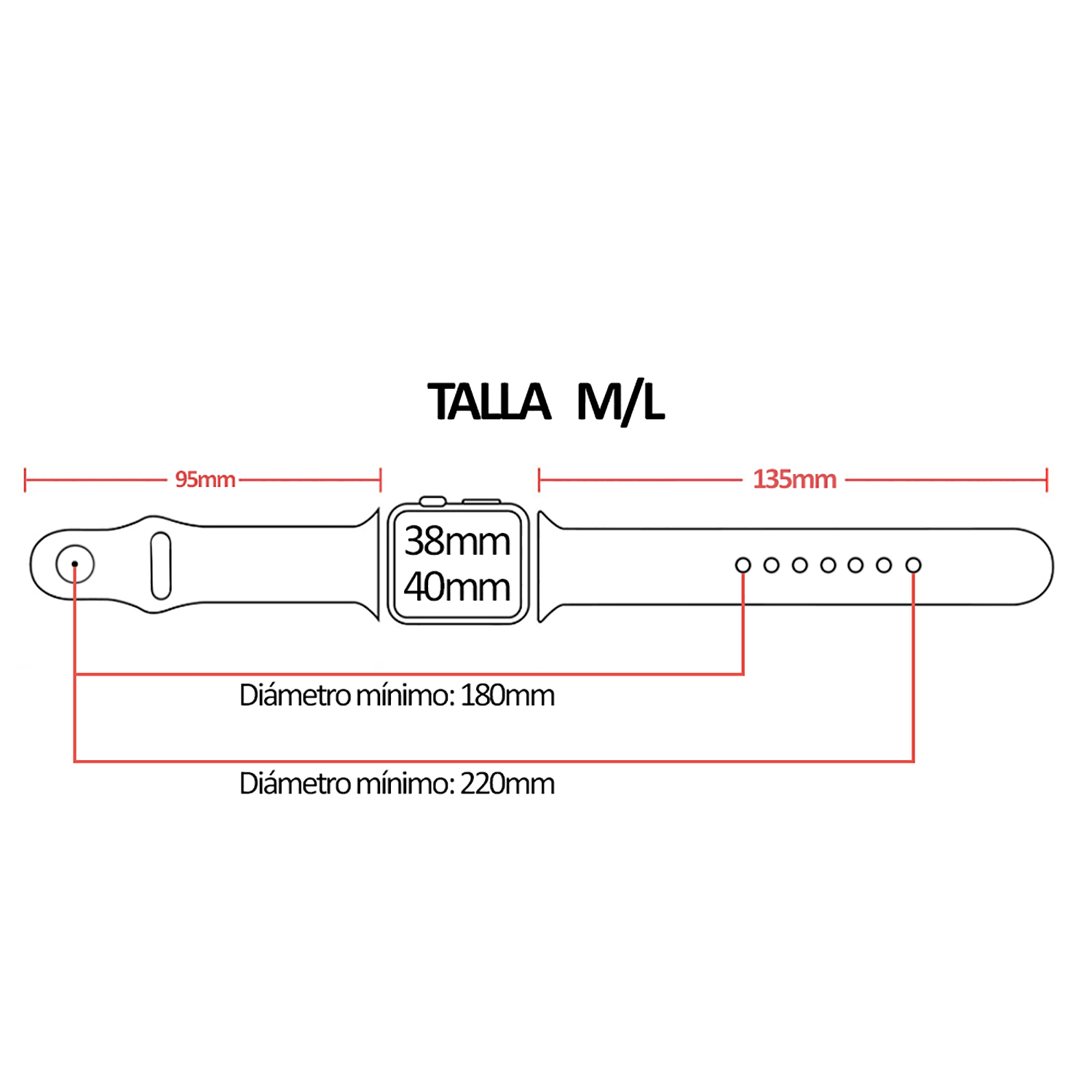 Diagramma del cinturino Apple Watch, taglia M/L, misure in millimetri.