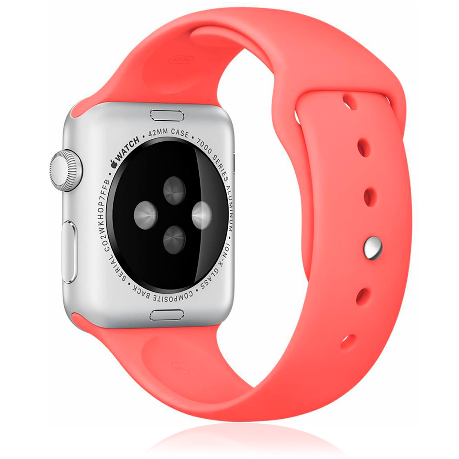 Apple Watch con cinturino rosso, lato posteriore visibile, su una superficie bianca.