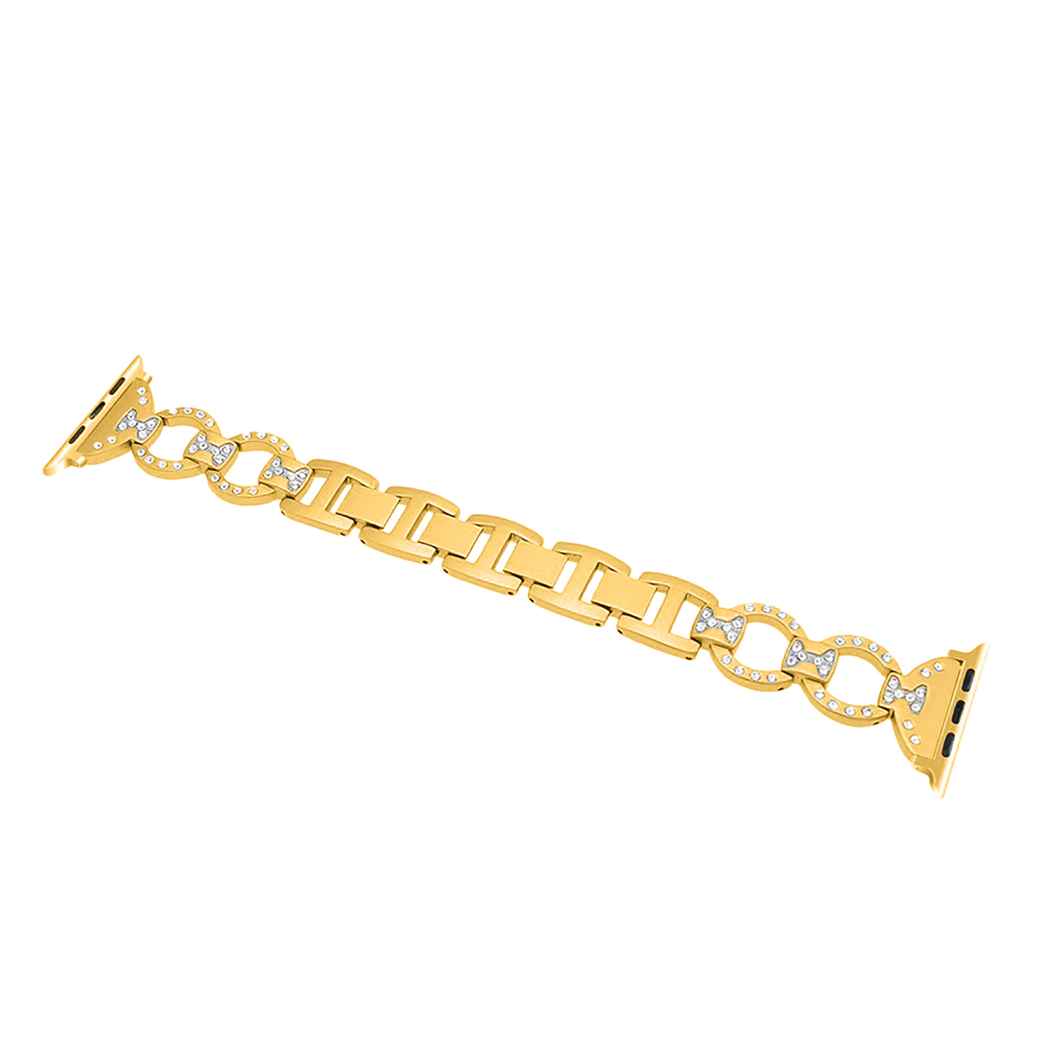 Cinturino per orologio dorato con cerchi decorativi e dettagli di diamanti.