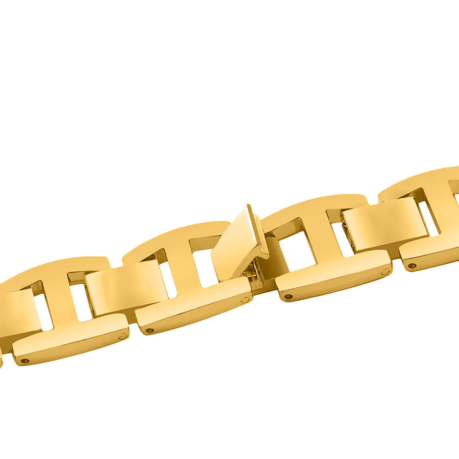 Un bracciale dorato con maglie rettangolari, con la chiusura aperta, su sfondo bianco.