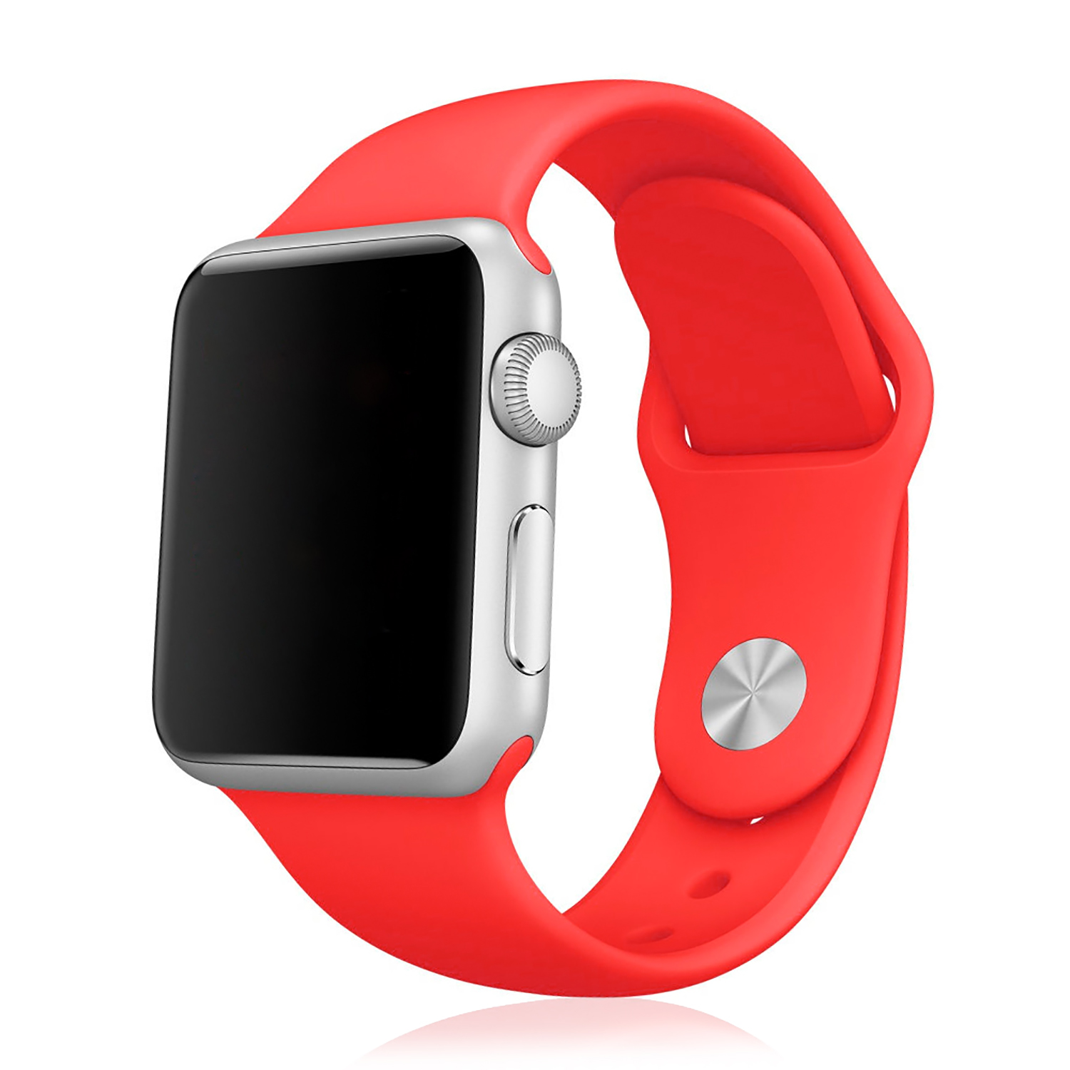 Uno smartwatch rosso con cassa argentata e schermo nero, cinturino rosso, su sfondo bianco.