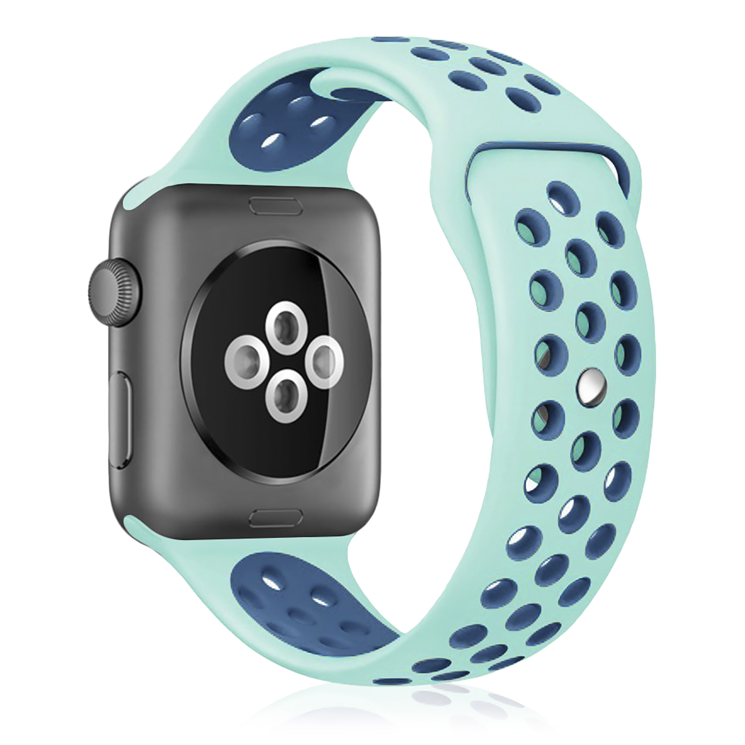 Un Apple Watch con cinturino turchese e blu navy su sfondo bianco.
