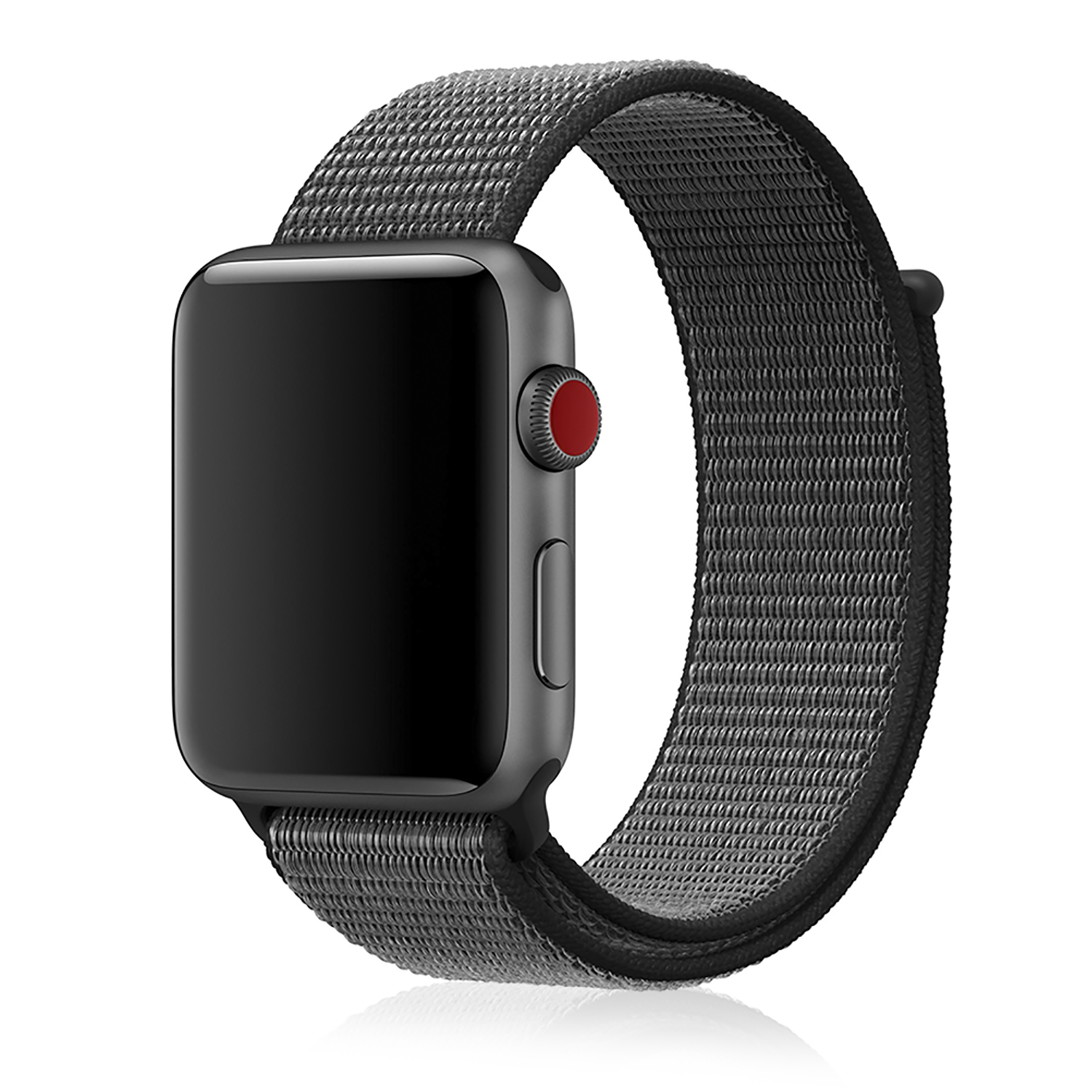 Apple Watch nero con cinturino in tessuto grigio. L'orologio ha un pulsante rosso. Sfondo bianco.