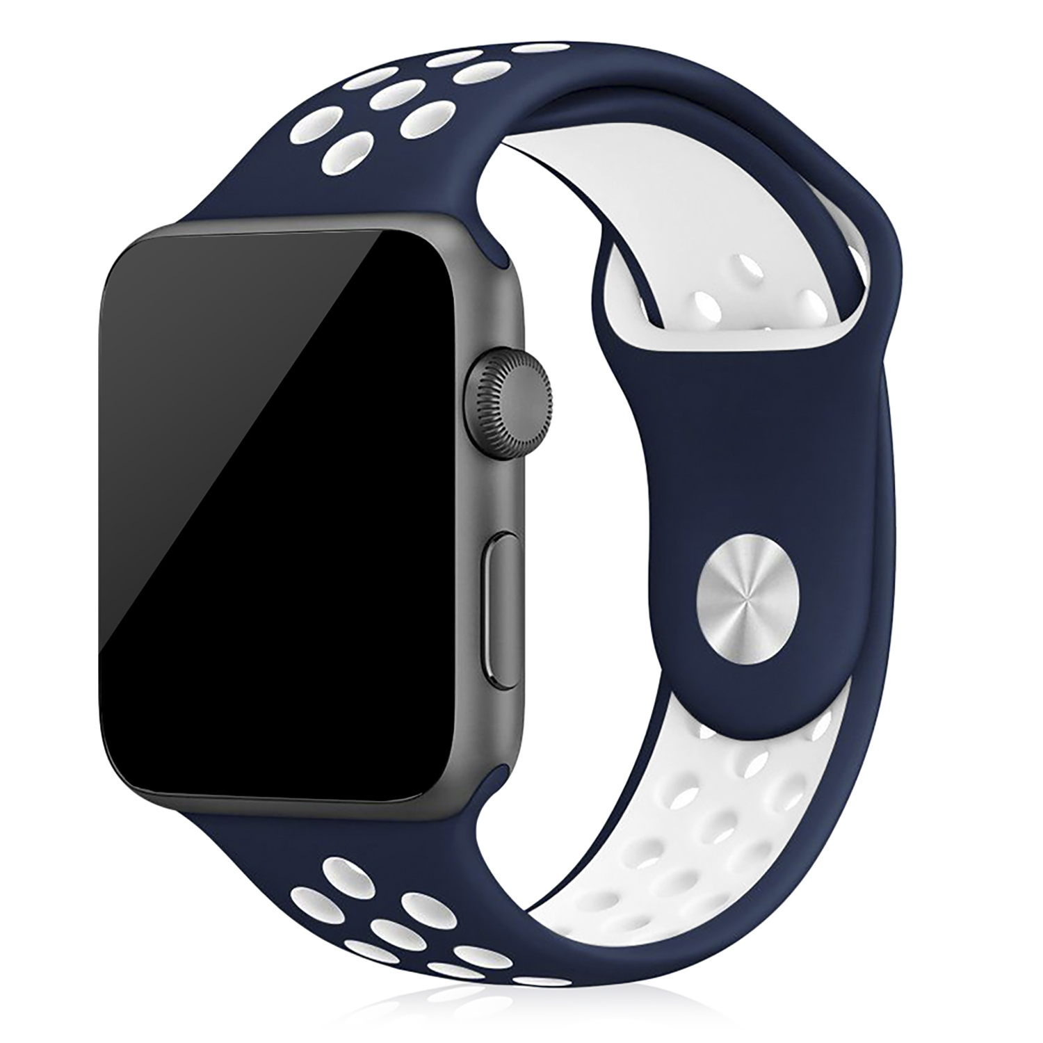 Uno smartwatch con cassa grigio scuro e cinturino blu e bianco.