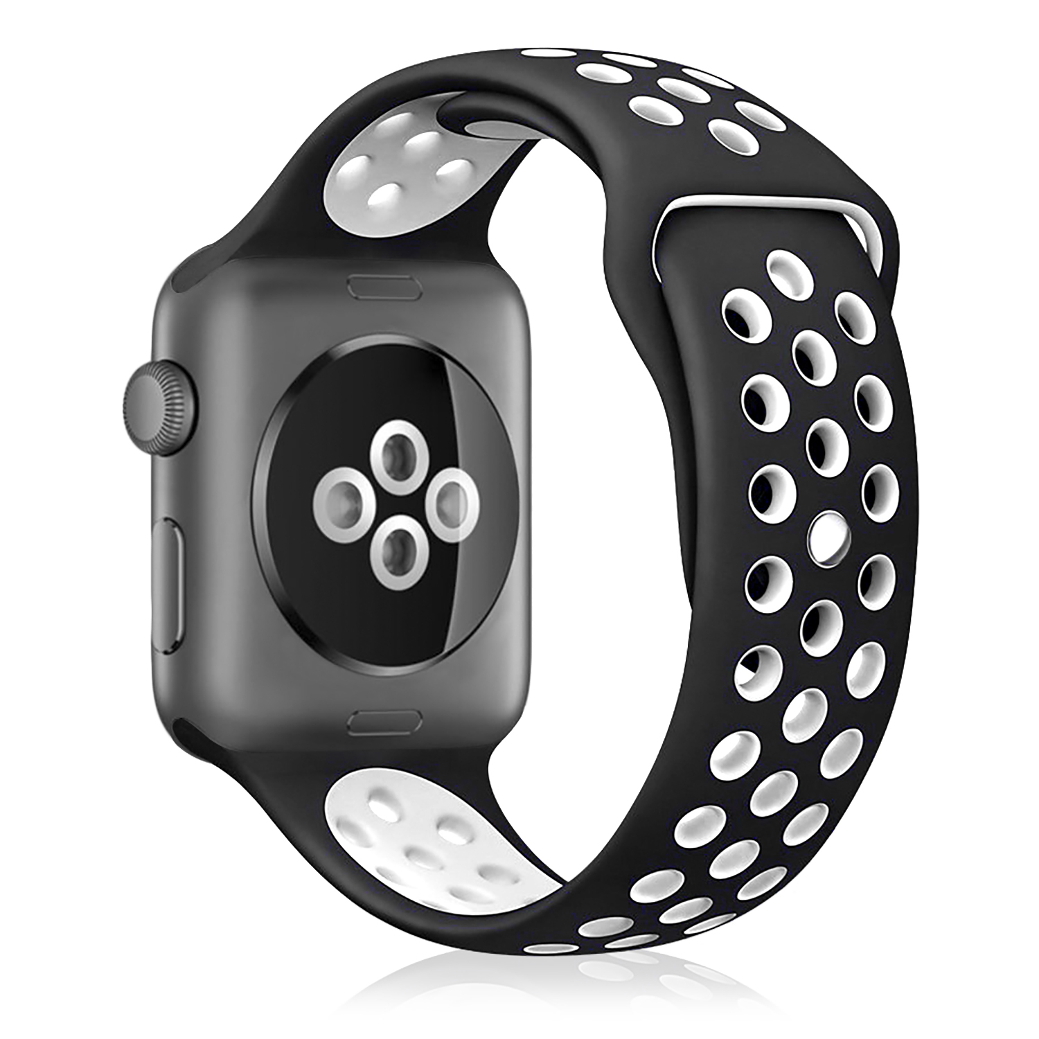 Vista posteriore dell'Apple Watch nero con cinturino perforato nero e bianco. Su bianco.