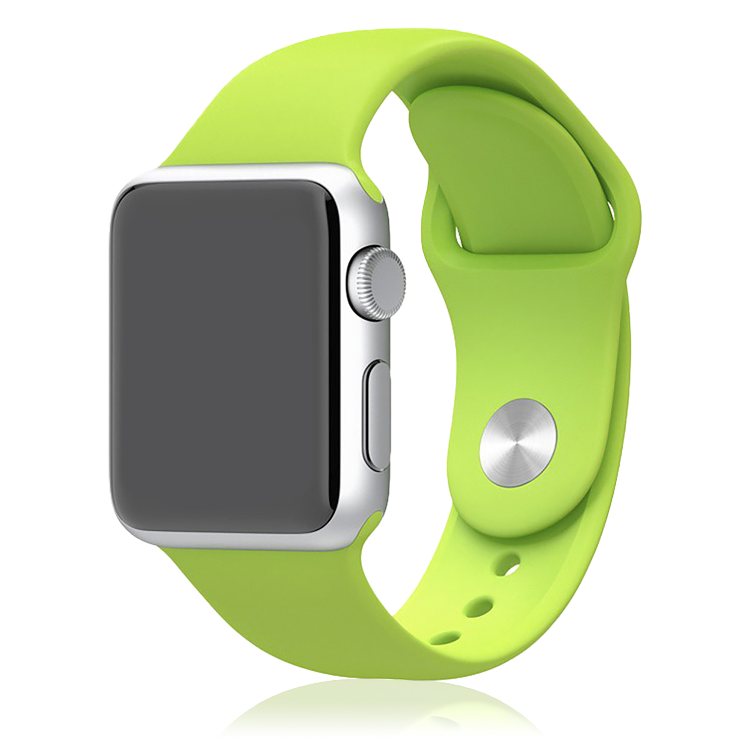 Cinturino verde con fibbia argentata e quadrante nero con schermo vuoto.
