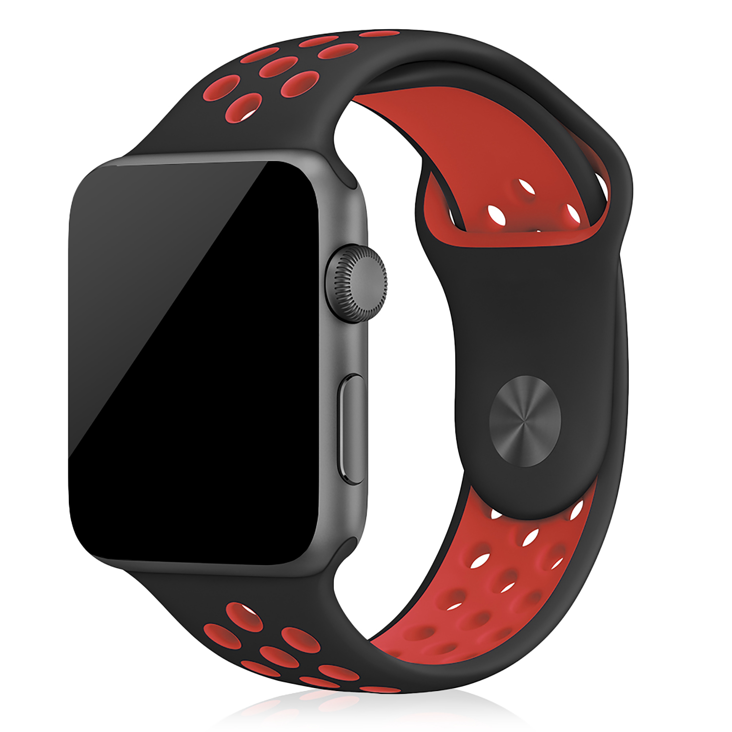Uno smartwatch nero con cinturino nero e rosso. Il cinturino ha fori per la ventilazione.