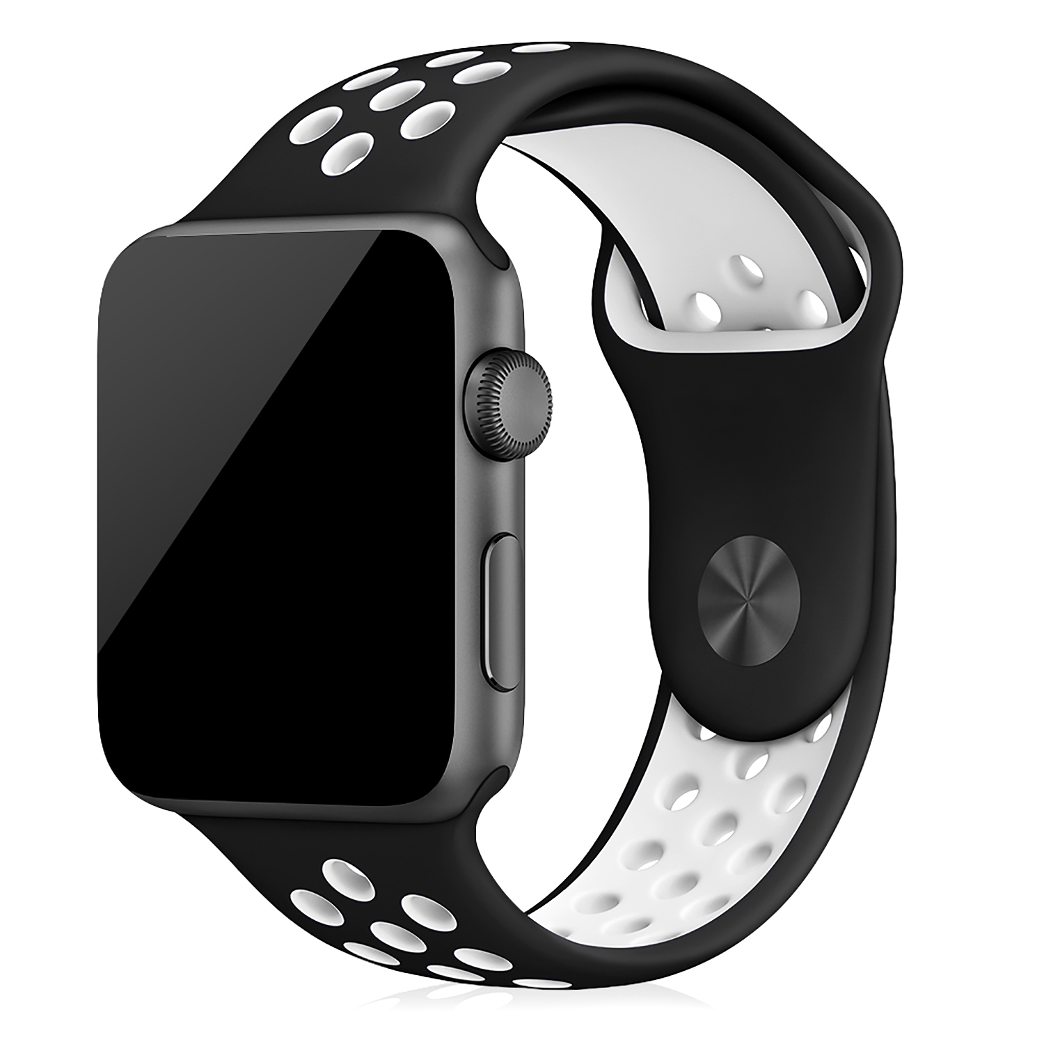 Apple Watch con cinturino bianco e nero. L'orologio è argento.