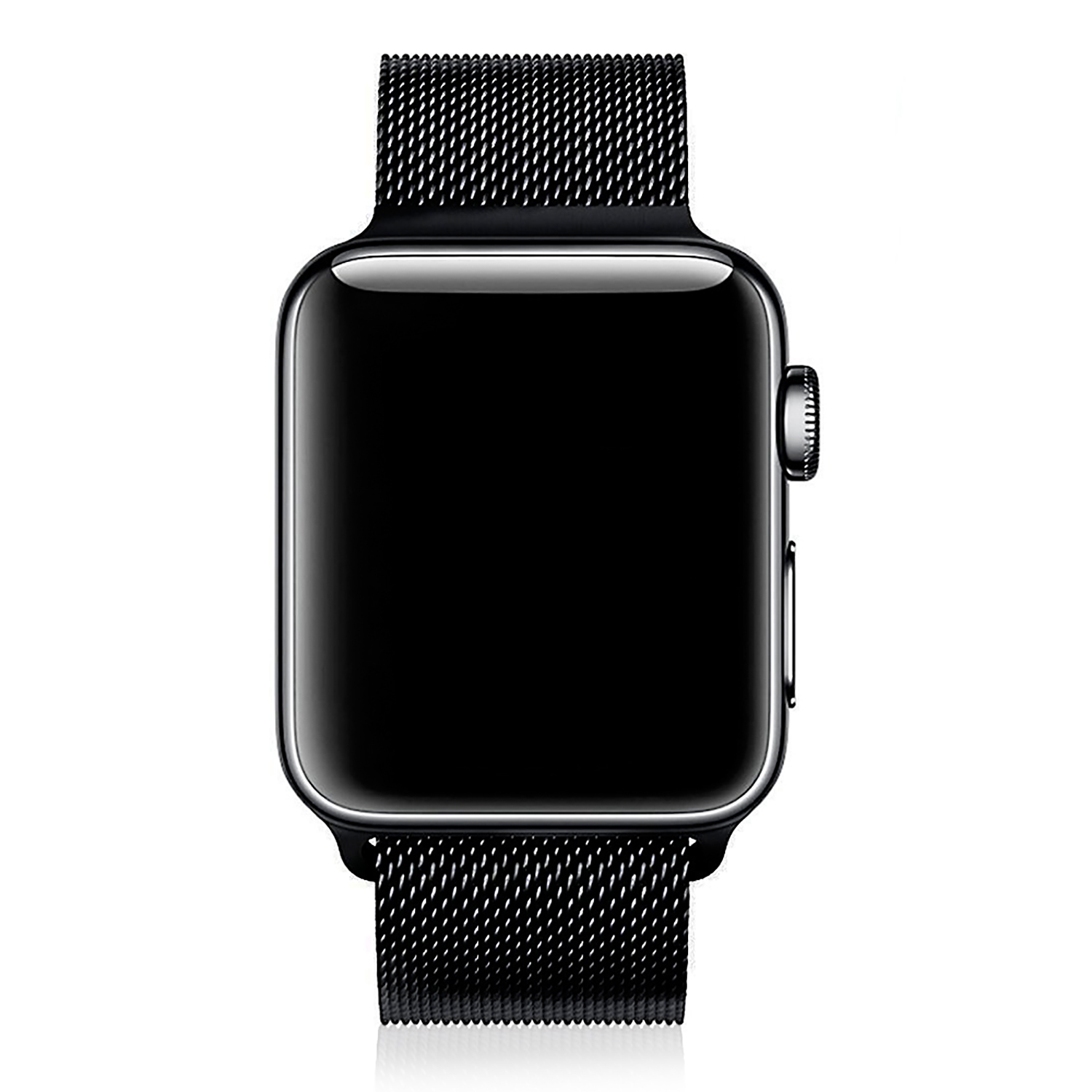 Smartwatch nero con cinturino a maglia nera. Il quadrante è nero.