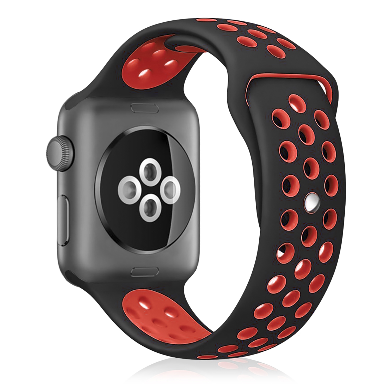 Apple Watch nero con cinturino rosso e nero, vista posteriore con sensori.
