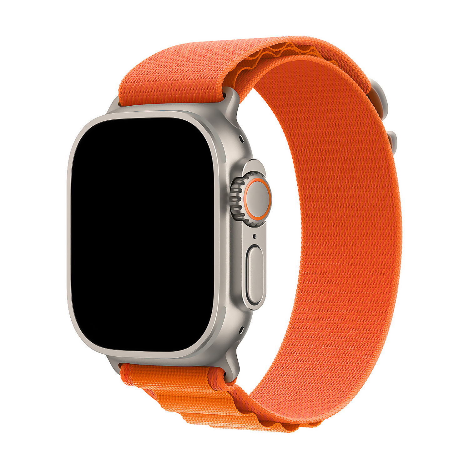 Uno smartwatch con cassa argentata e cinturino arancione, su sfondo bianco.