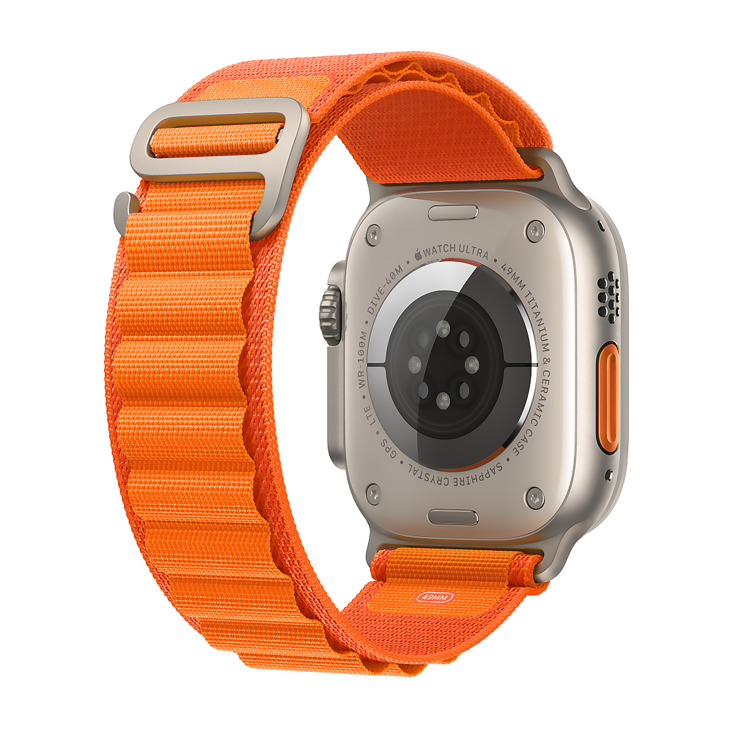 Apple Watch Ultra, vista posteriore. Cinturino arancione con cassa argentata.