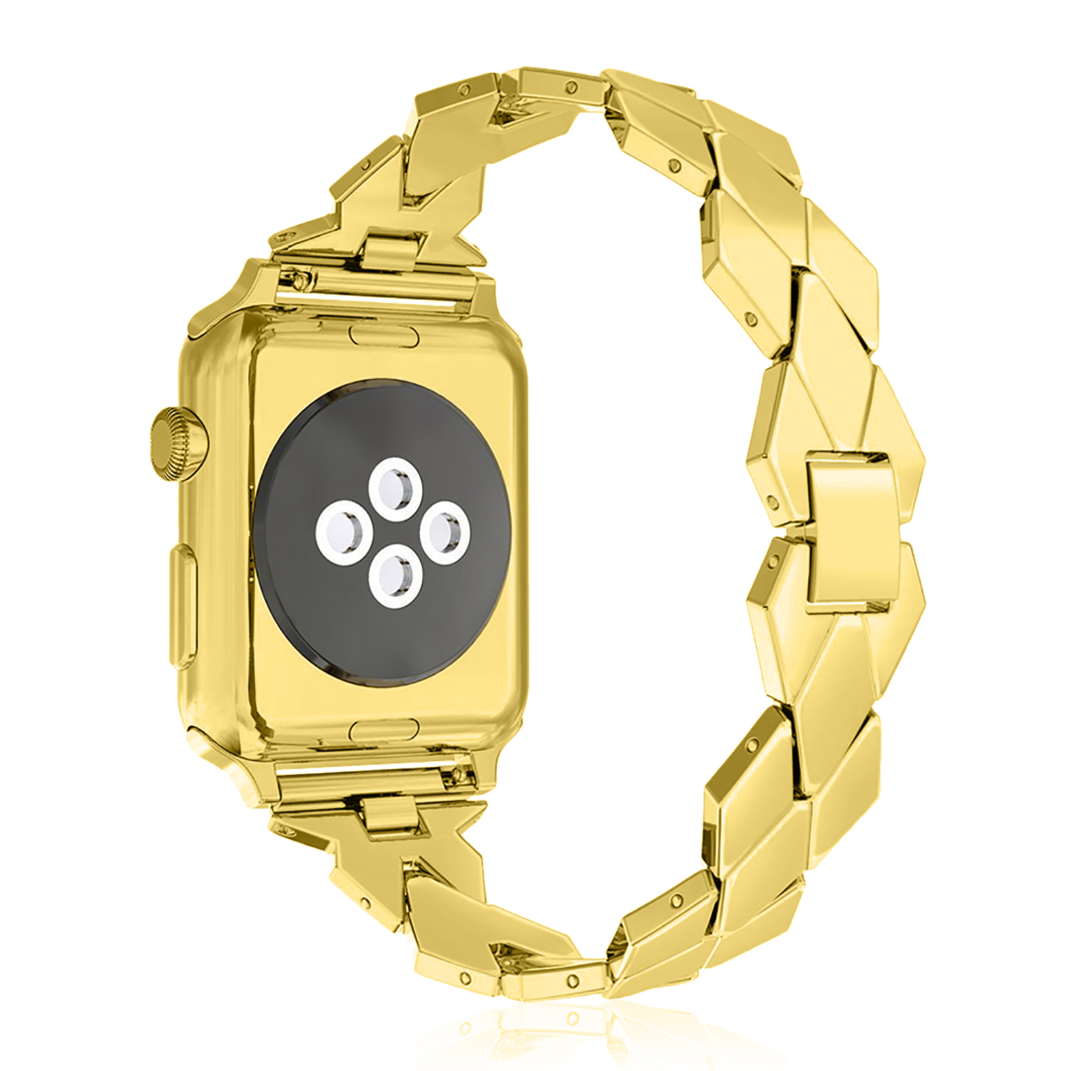 Apple Watch dorato con cinturino a maglie dorate su sfondo bianco, che mostra il retro dell'orologio.