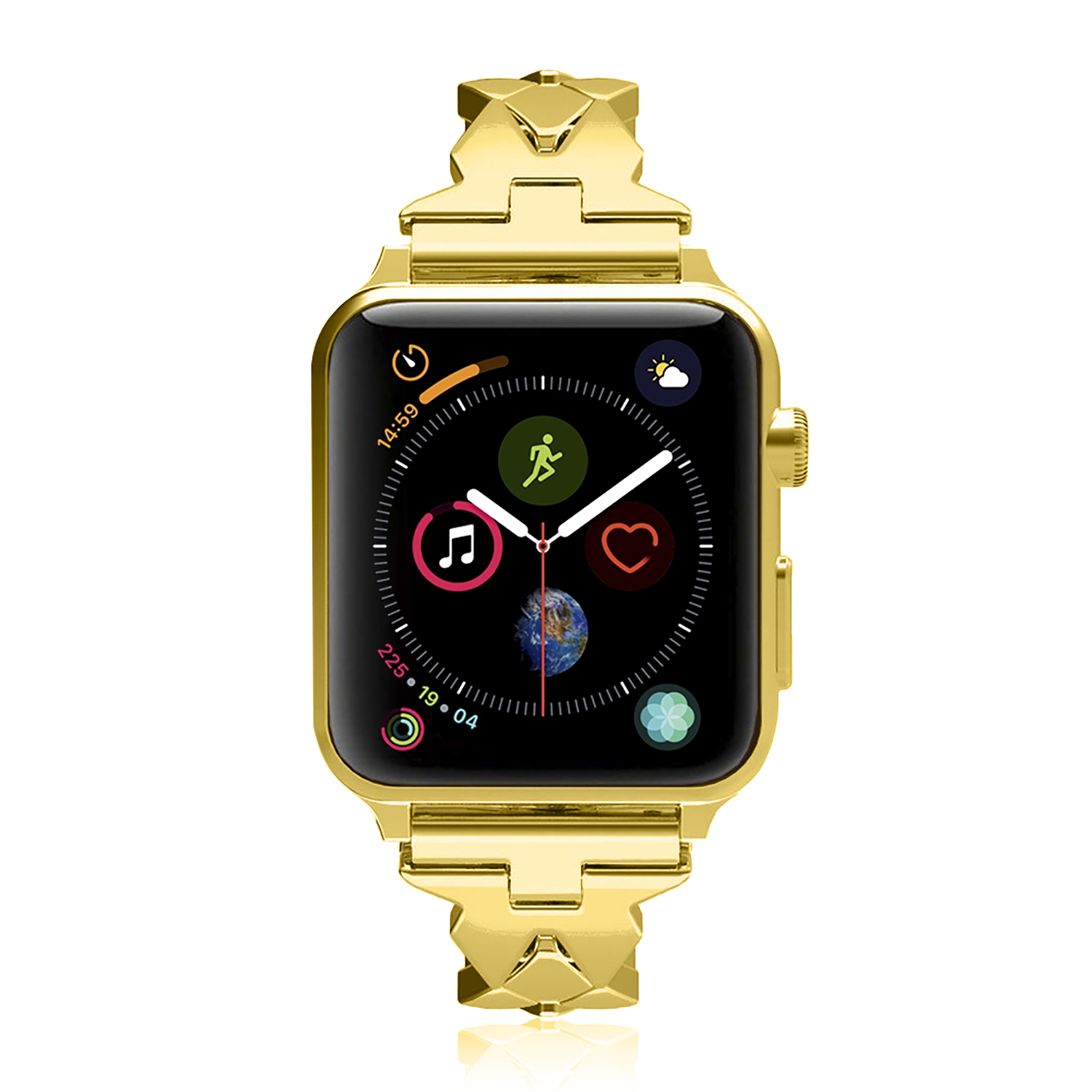 Apple Watch dorato con cinturino dorato, lo schermo mostra le funzioni dell'orologio.
