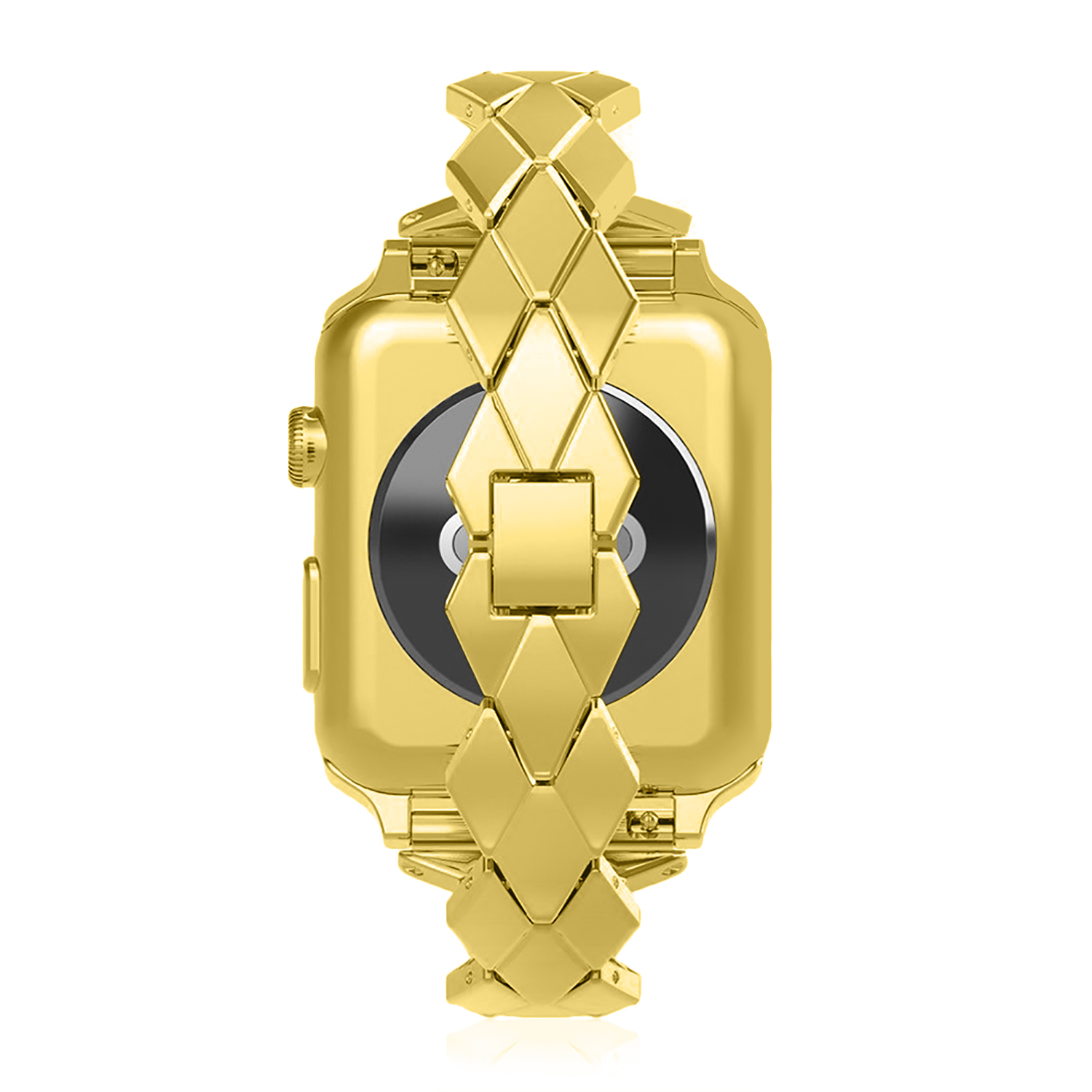 Cinturino dorato con motivo a diamante sul retro di un orologio.