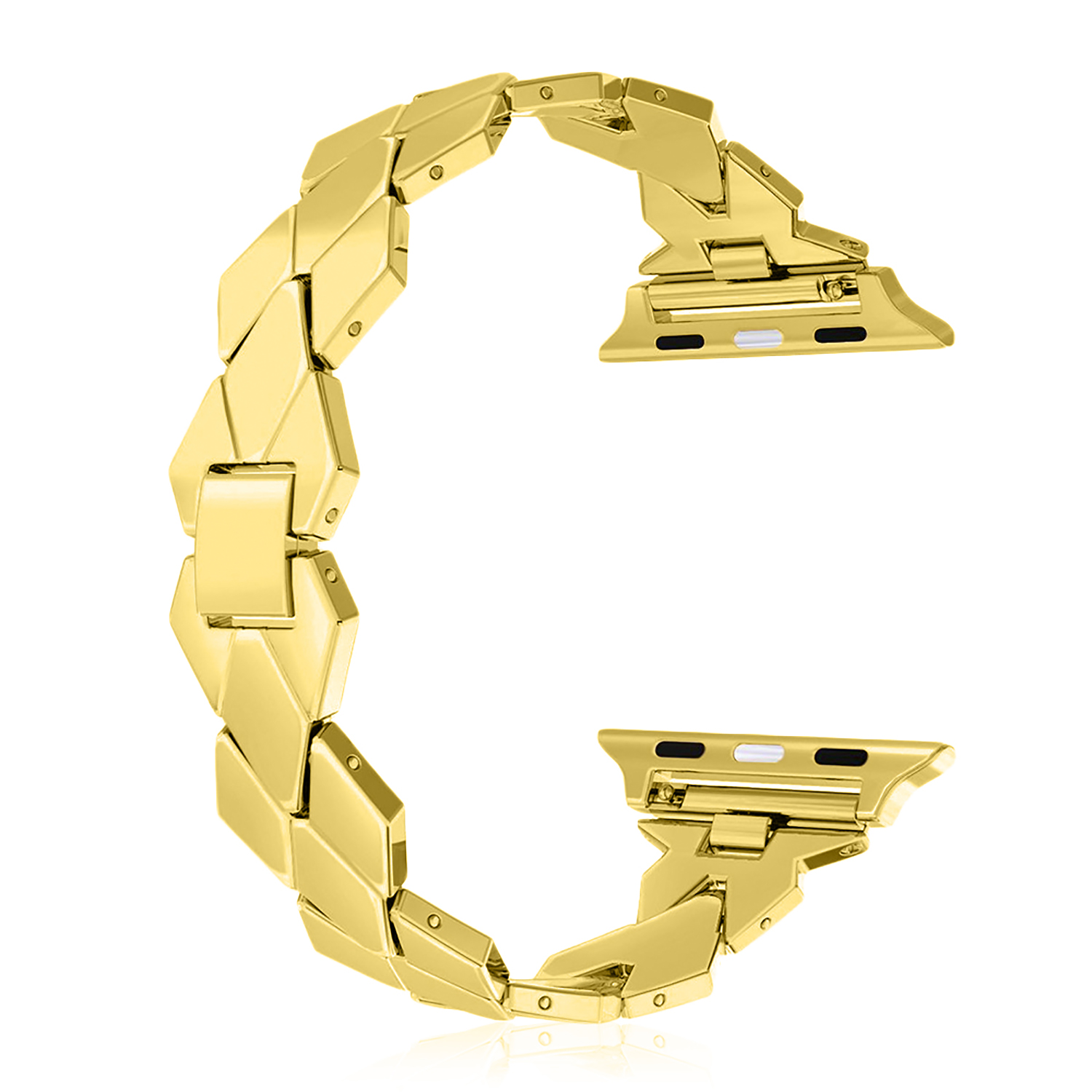 Cinturino dorato per orologio a forma curva, con più segmenti collegati.