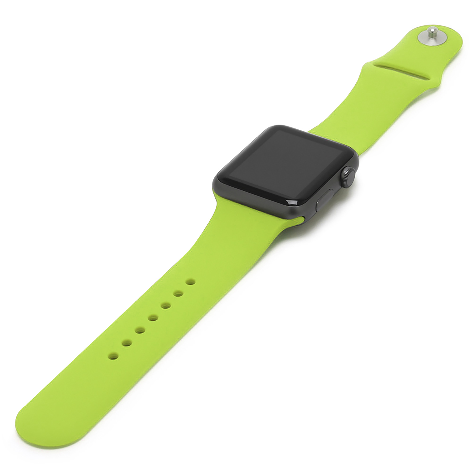 Apple Watch con cinturino in silicone verde. Lo schermo dell'orologio è nero.