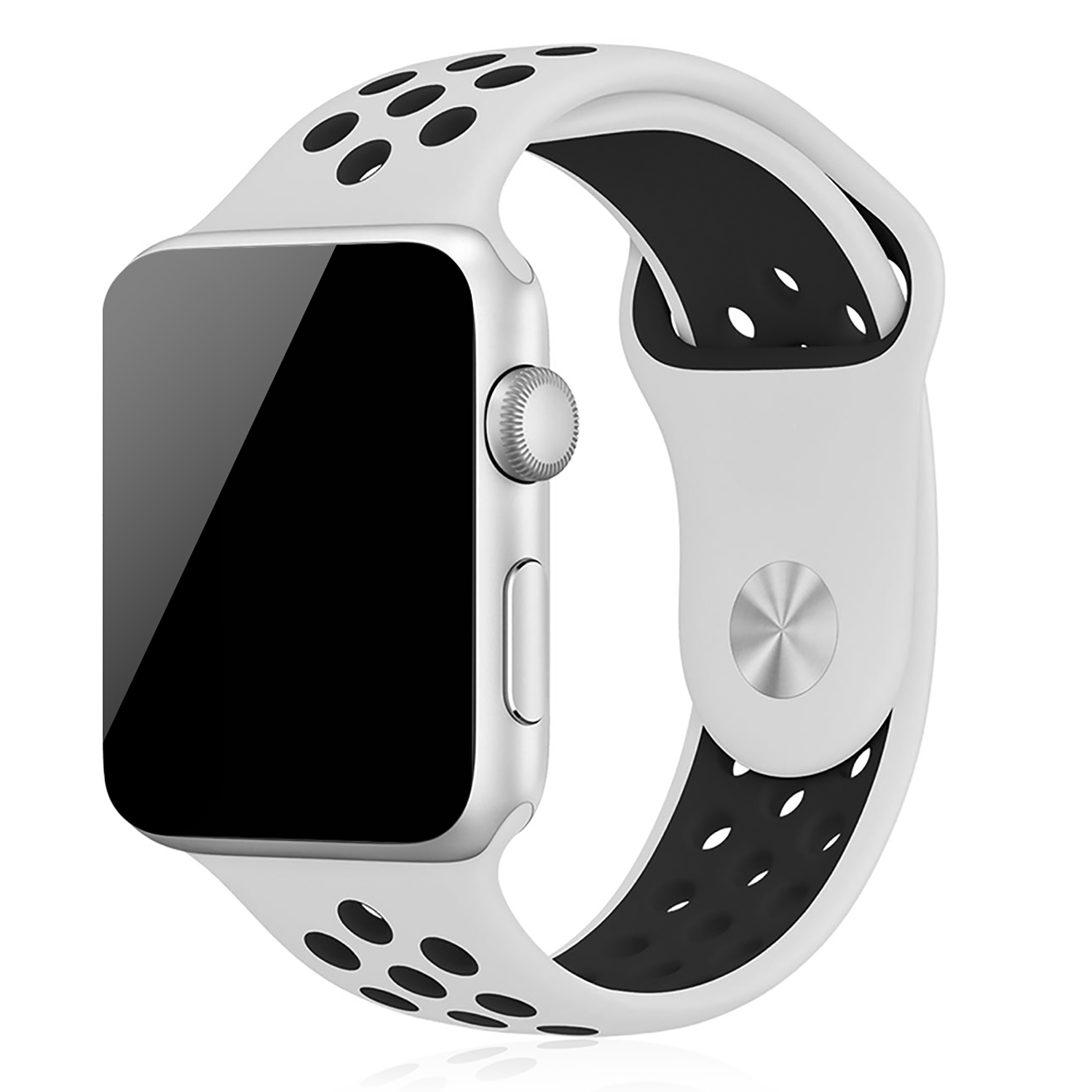 Apple Watch argentato con cinturino bianco a pois neri, angolato su sfondo bianco.