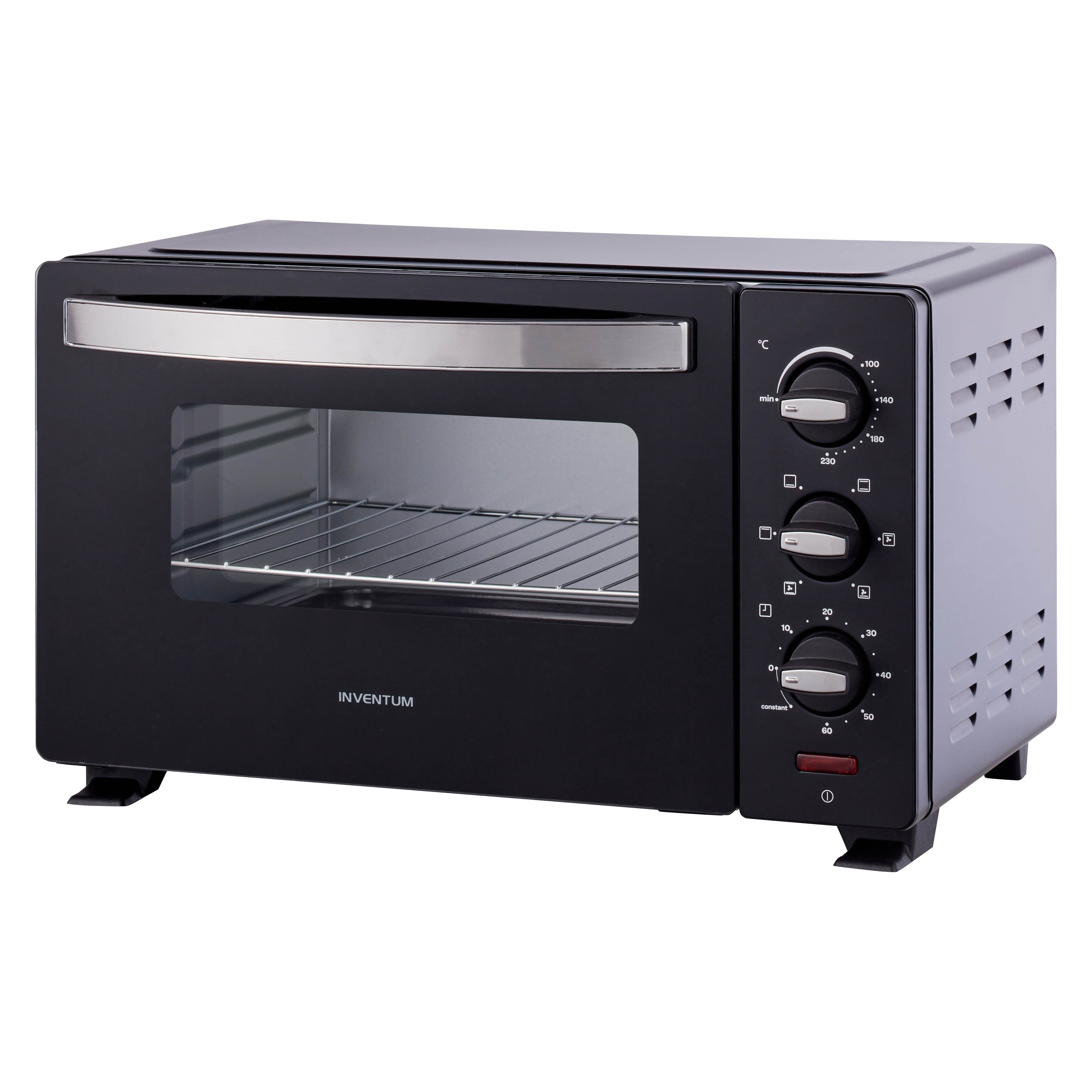 Black countertop oven with control knobs, window, and a silver handle. Black background.
