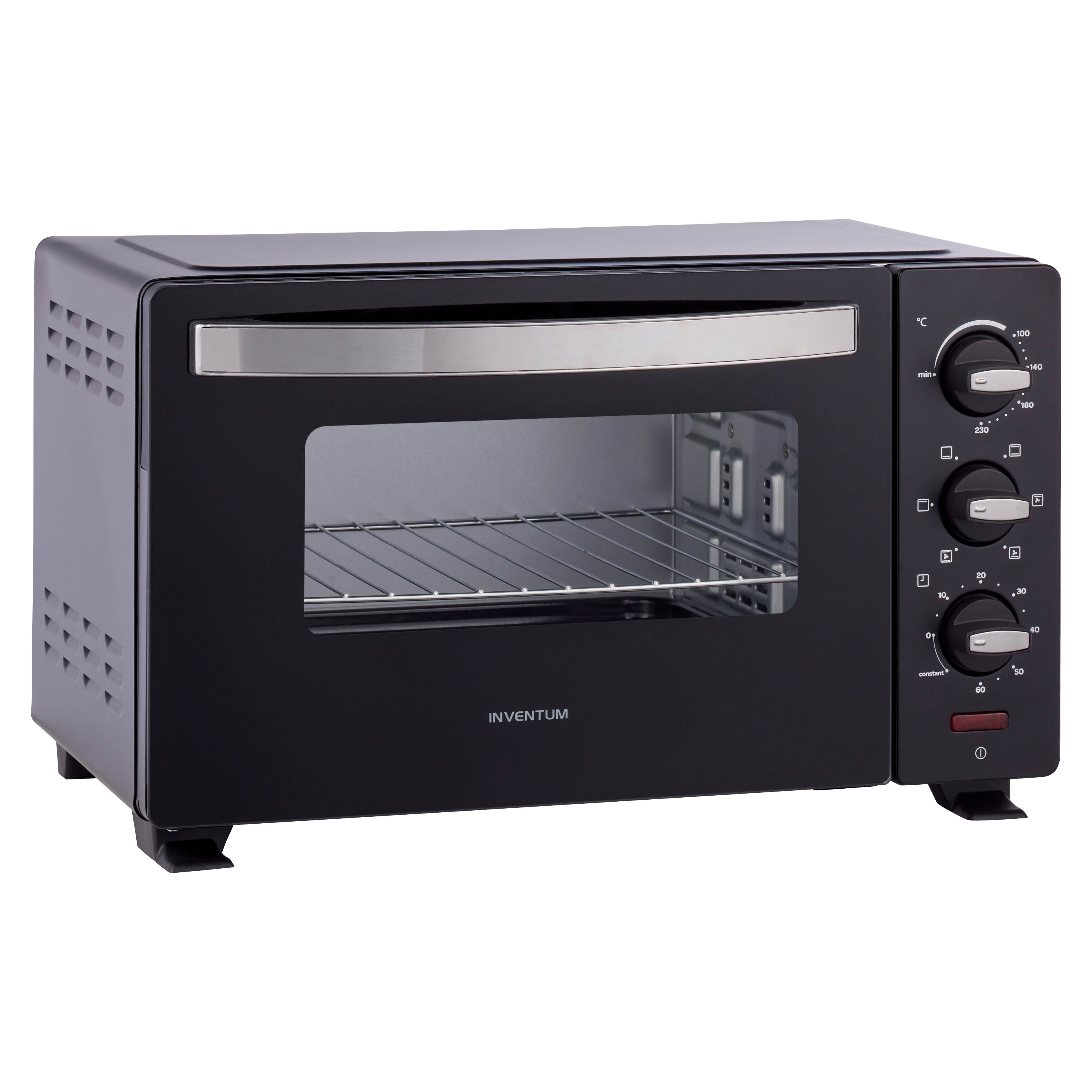 Black INVENTUM mini oven, with controls on the right side and a glass door.