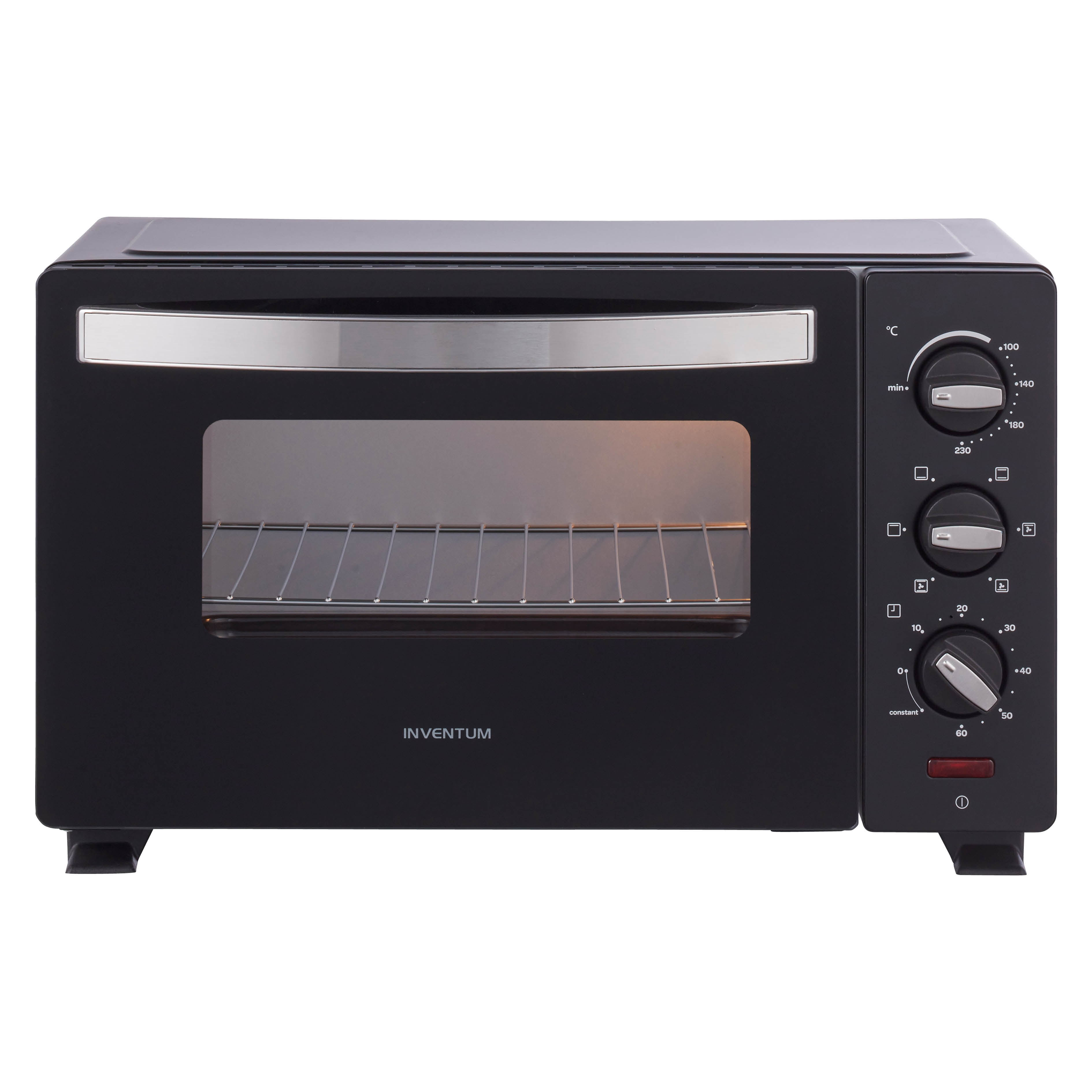 Black countertop oven with glass door, controls on the right, brand is INVENTUM.