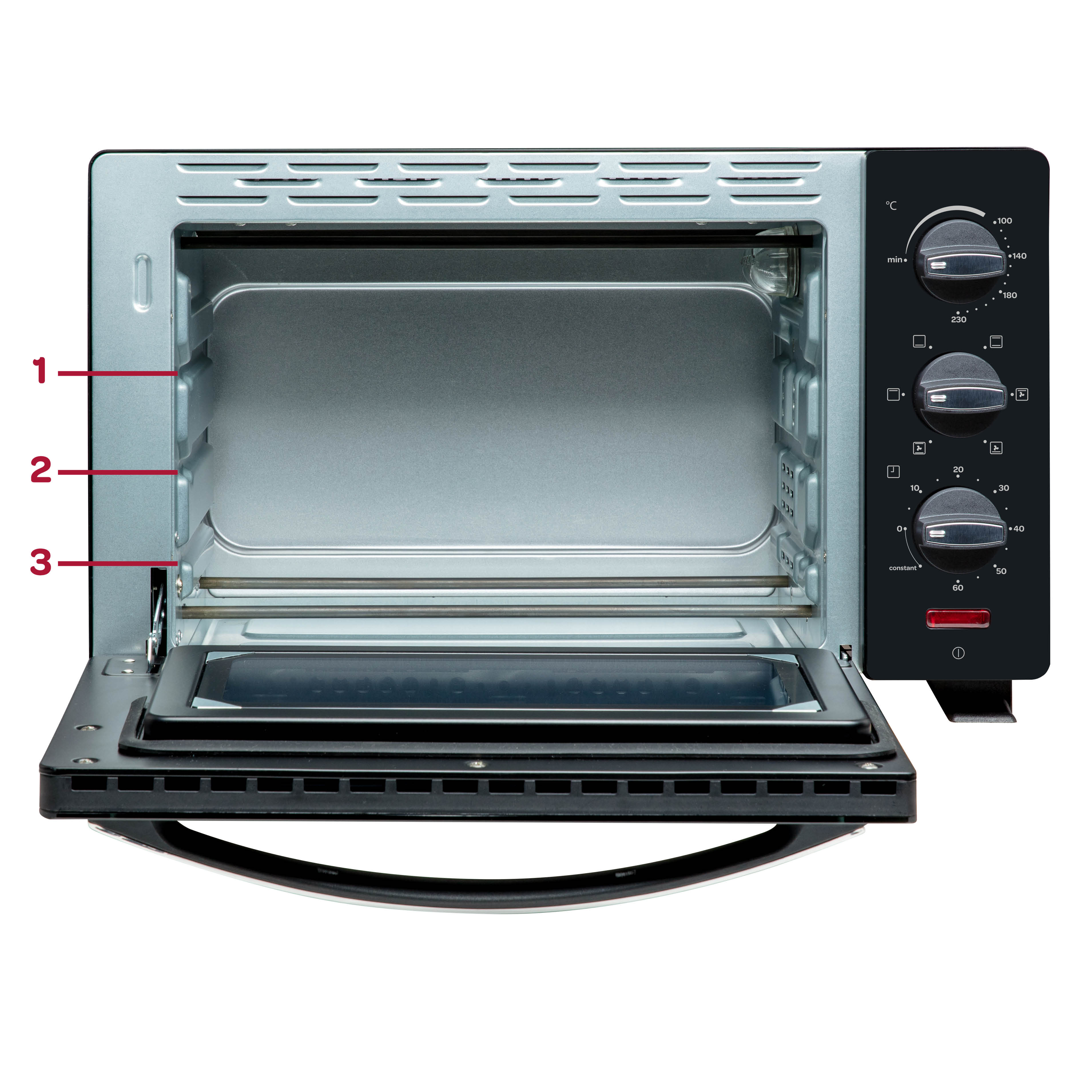 Open oven with three levels. Controls are on the right side.