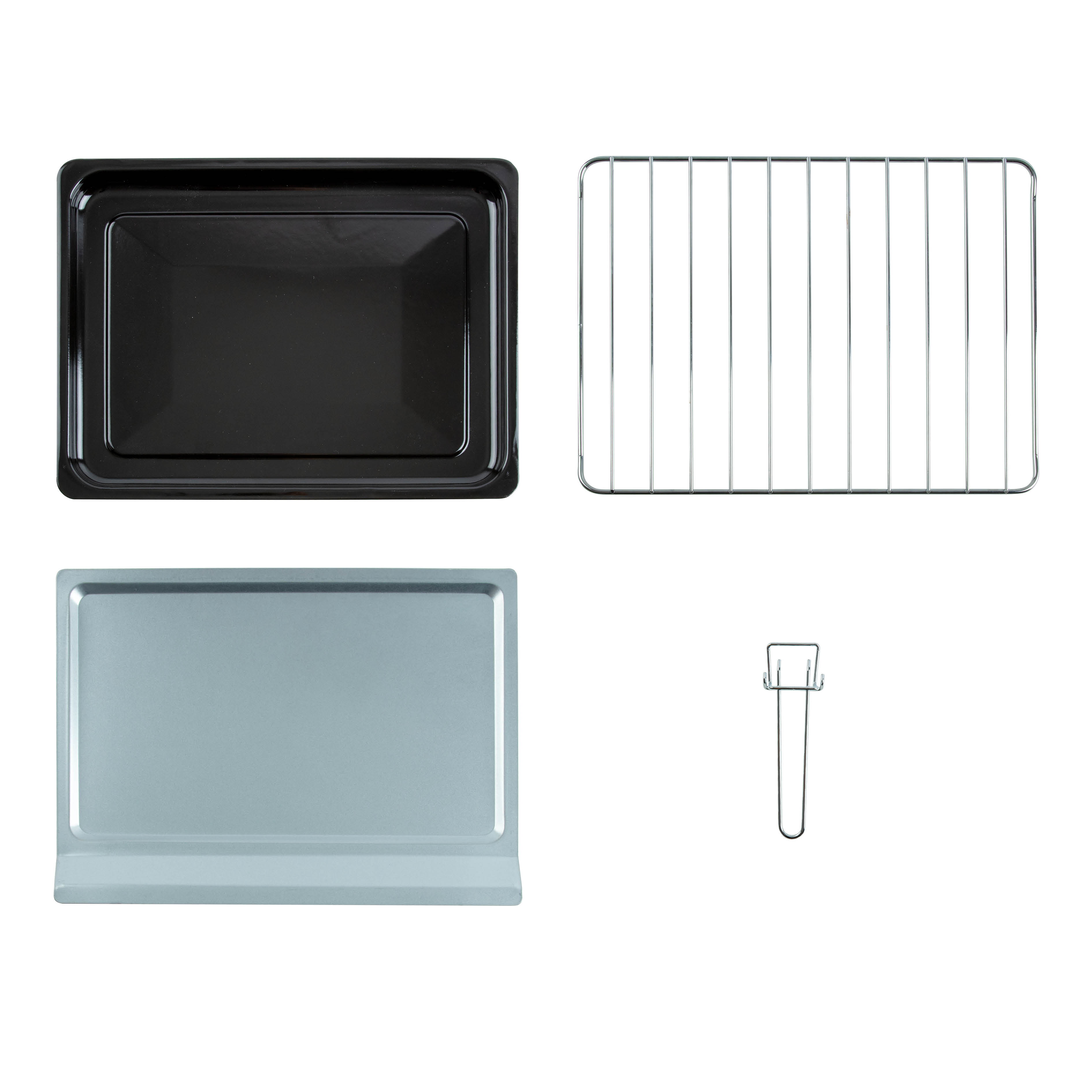 Various oven components: a black tray, a silver rack, a tray, and a tool, all on a white background.