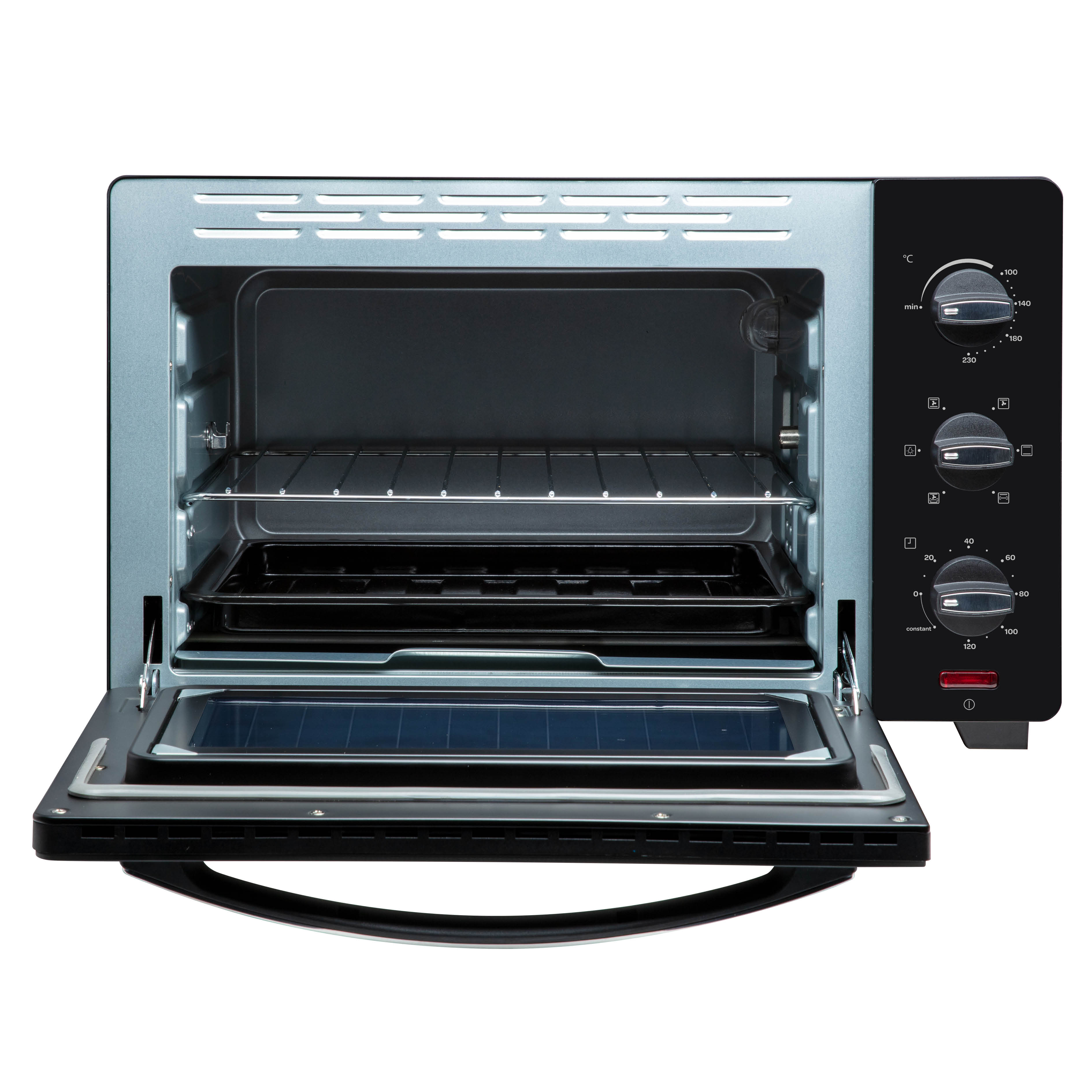 Ein Backofen mit geöffneter Tür, der Innenraum und Bedienelemente zeigt.