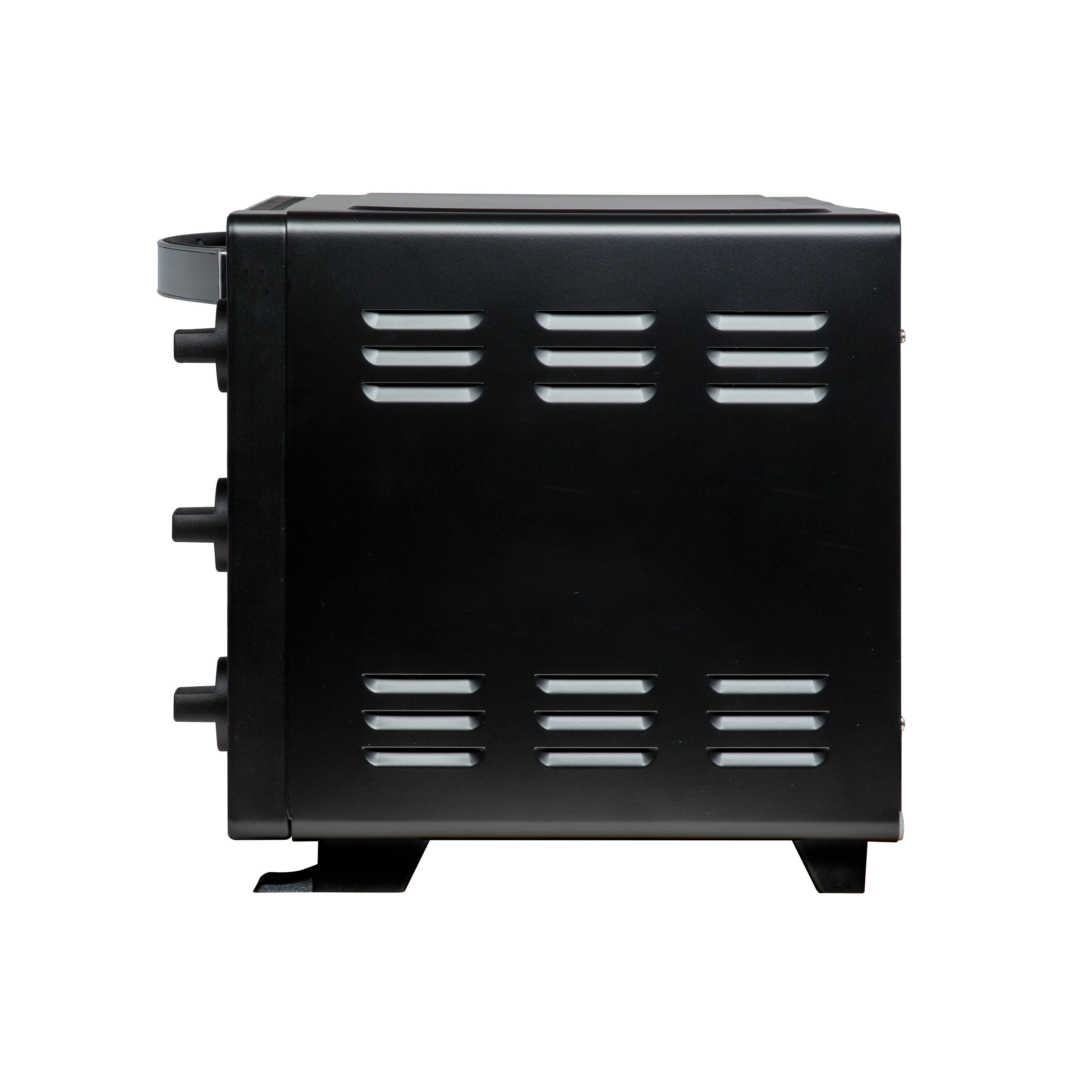 Black oven with side handle and air vents. The oven is on a white background.