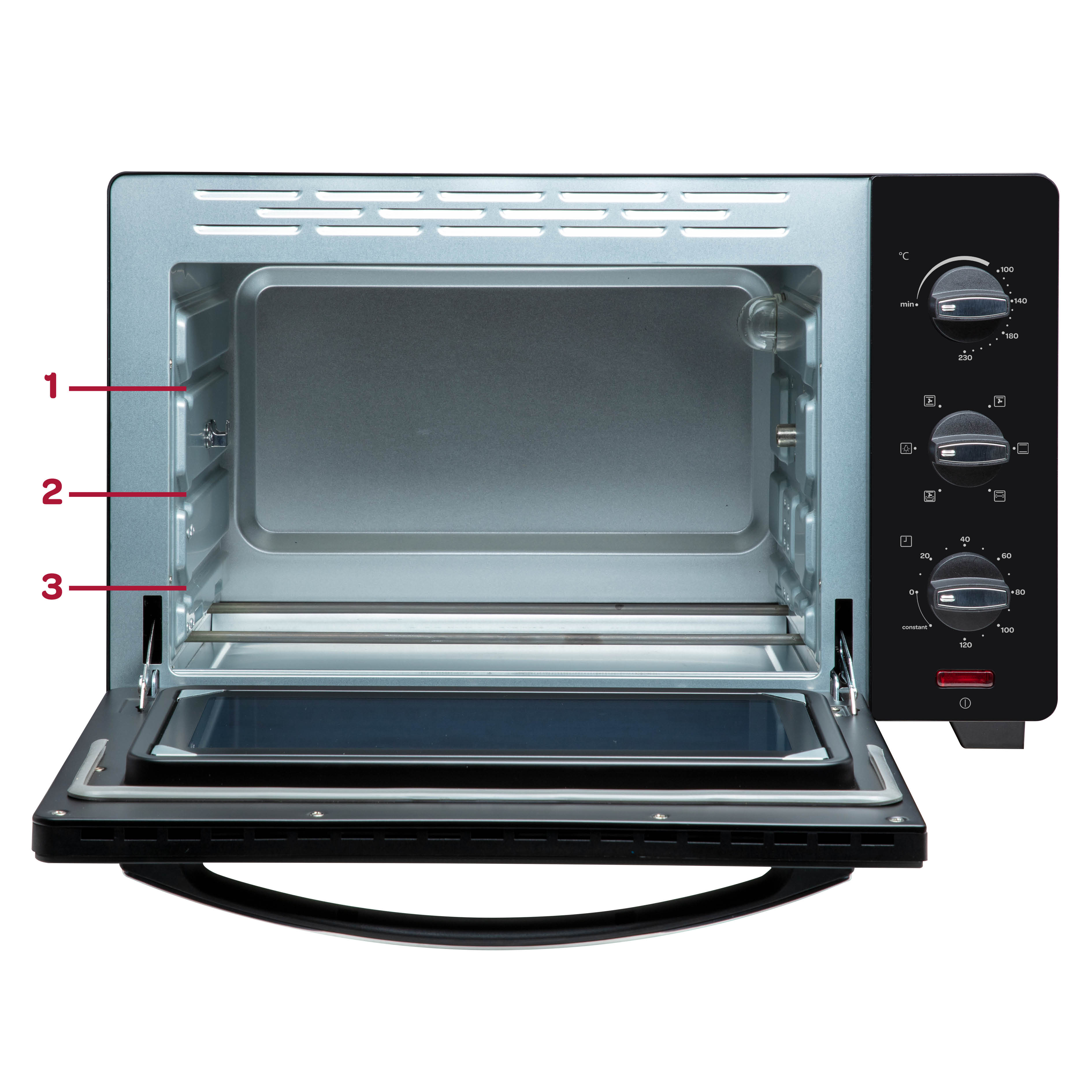 Backofen-Innenraum mit drei Rosten und einer Tür. Knöpfe zur Temperaturregelung rechts.