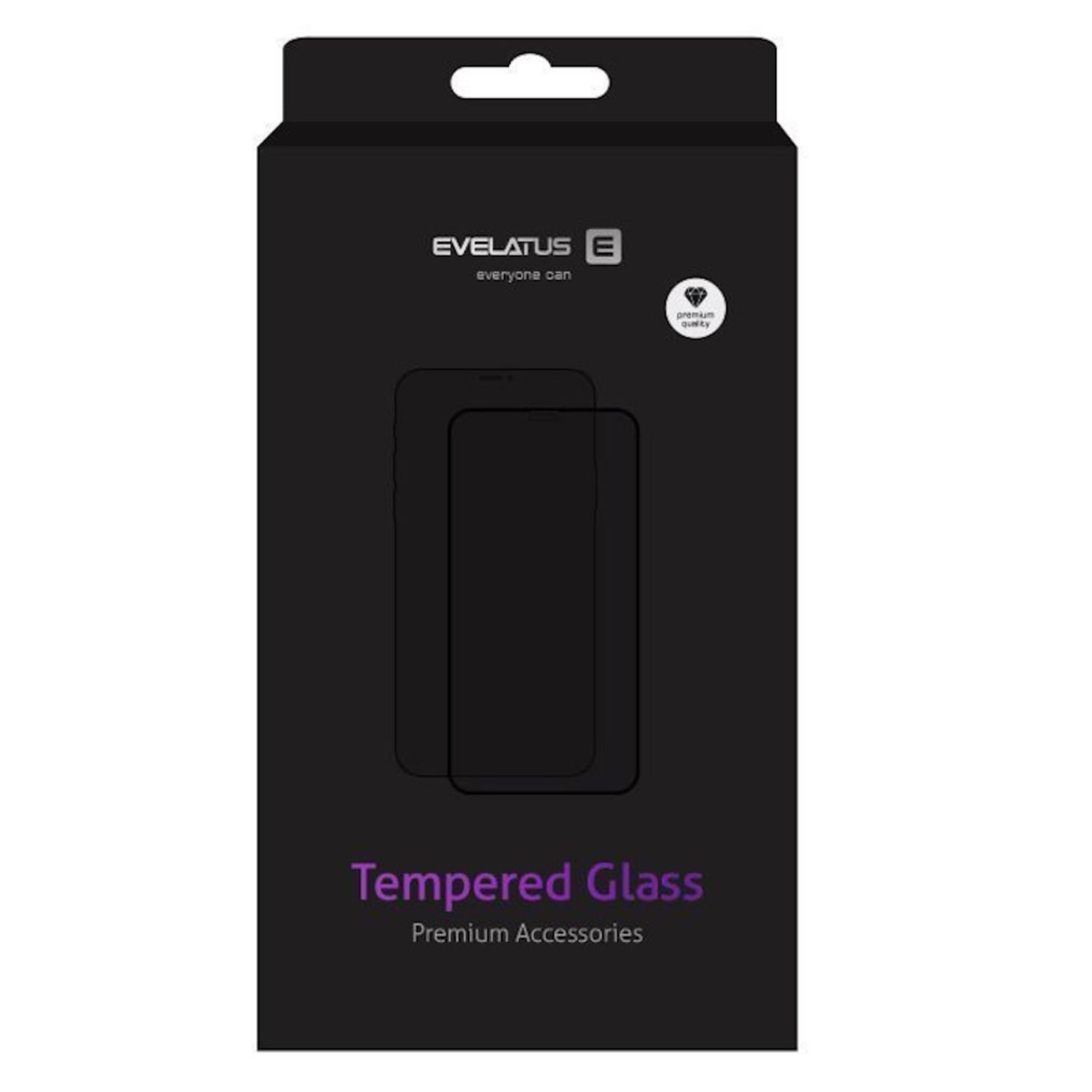 Caja negra de protector de pantalla de vidrio templado. Texto en la caja: 'Tempered Glass' y 'Premium Accessories'.