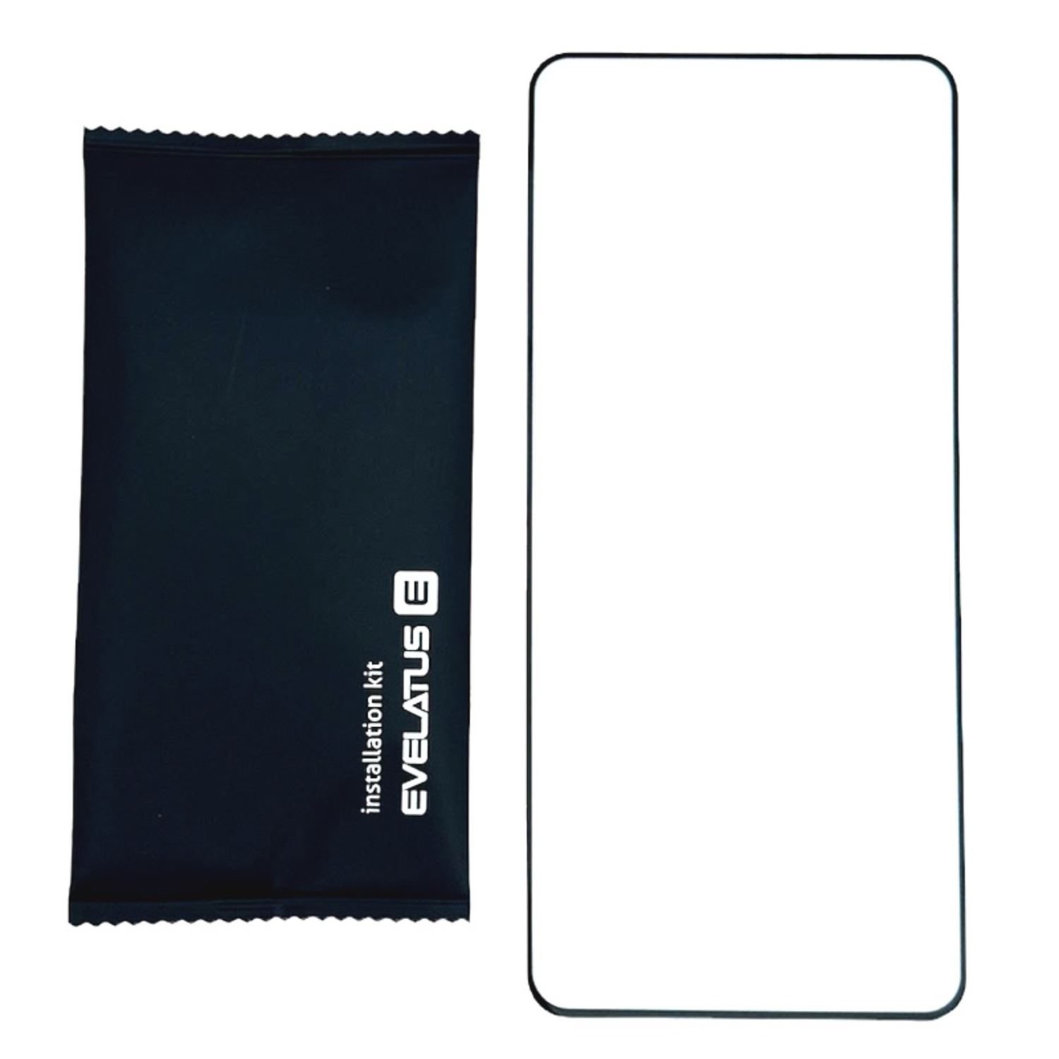 Un kit de instalación negro y protector de pantalla para un teléfono. El kit es una bolsa negra, el protector es transparente.