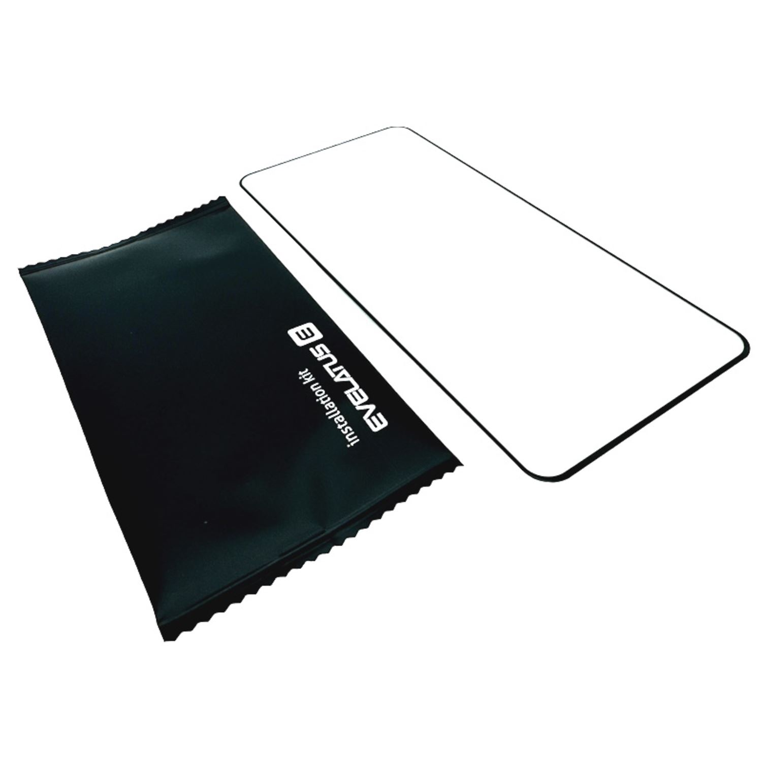 Un kit de instalación negro y protector de pantalla para un teléfono. El kit de instalación es una bolsa negra, el protector es transparente.