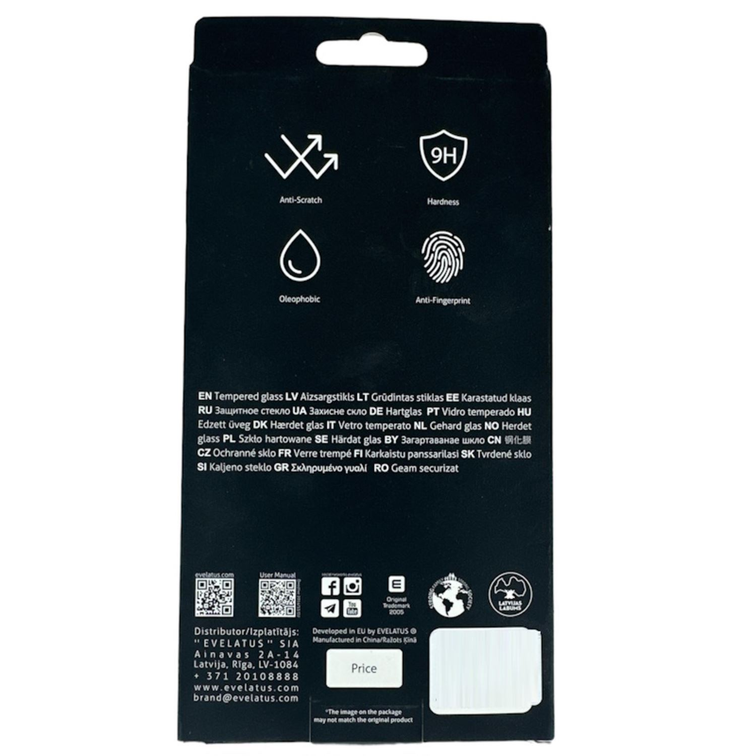 Una caja negra con texto blanco. Contiene información sobre un protector de pantalla de vidrio templado.