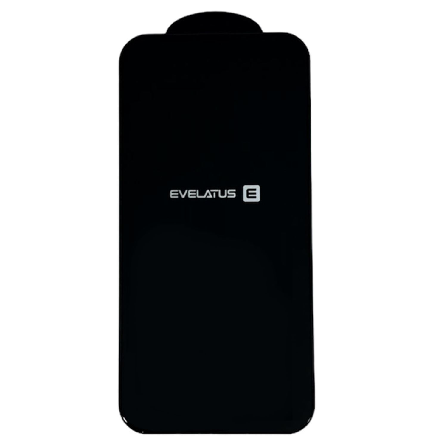 Funda de teléfono negra con el logo 'EVELATUS'. La funda es rectangular.