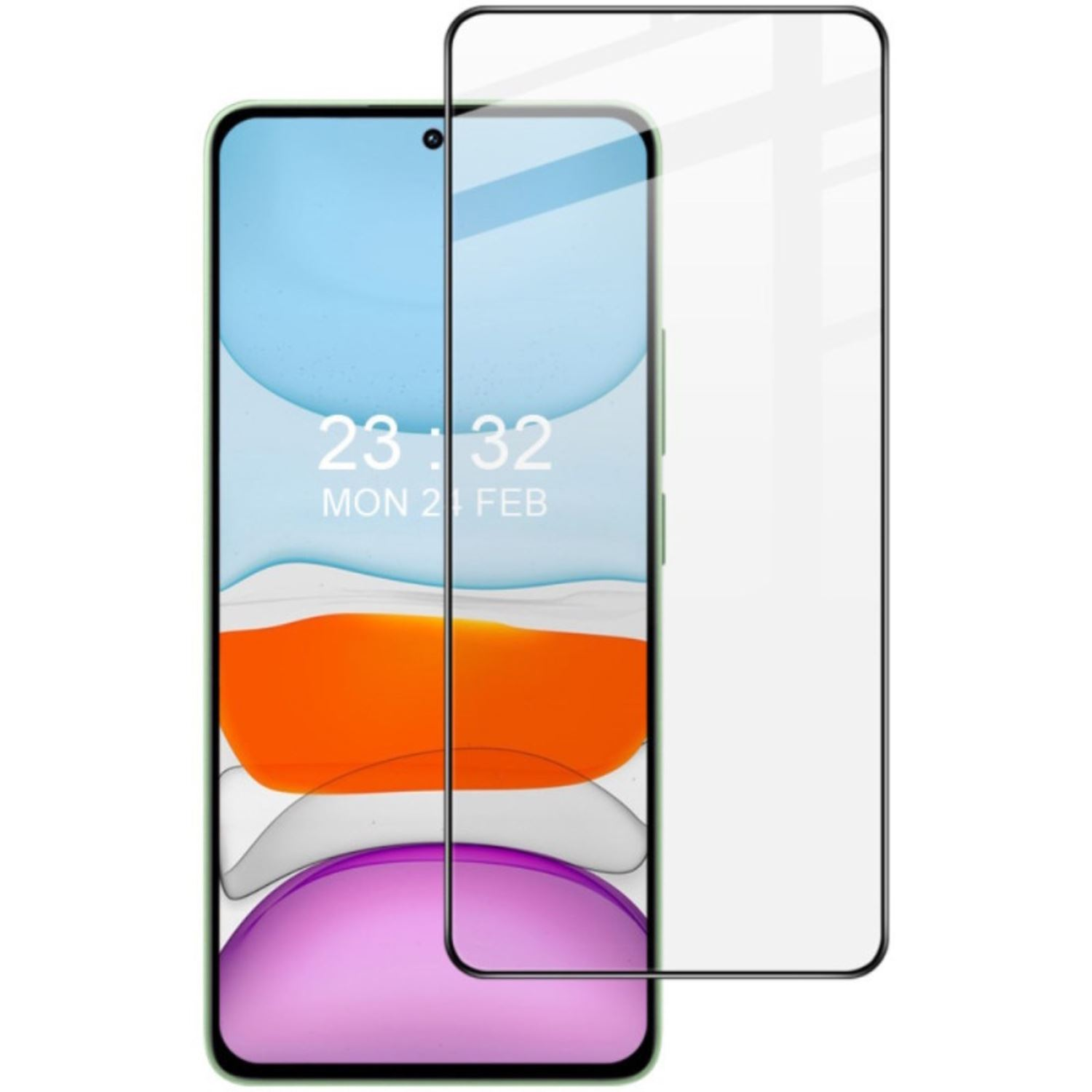 Smartphone con protector de pantalla, mostrando hora y fecha.