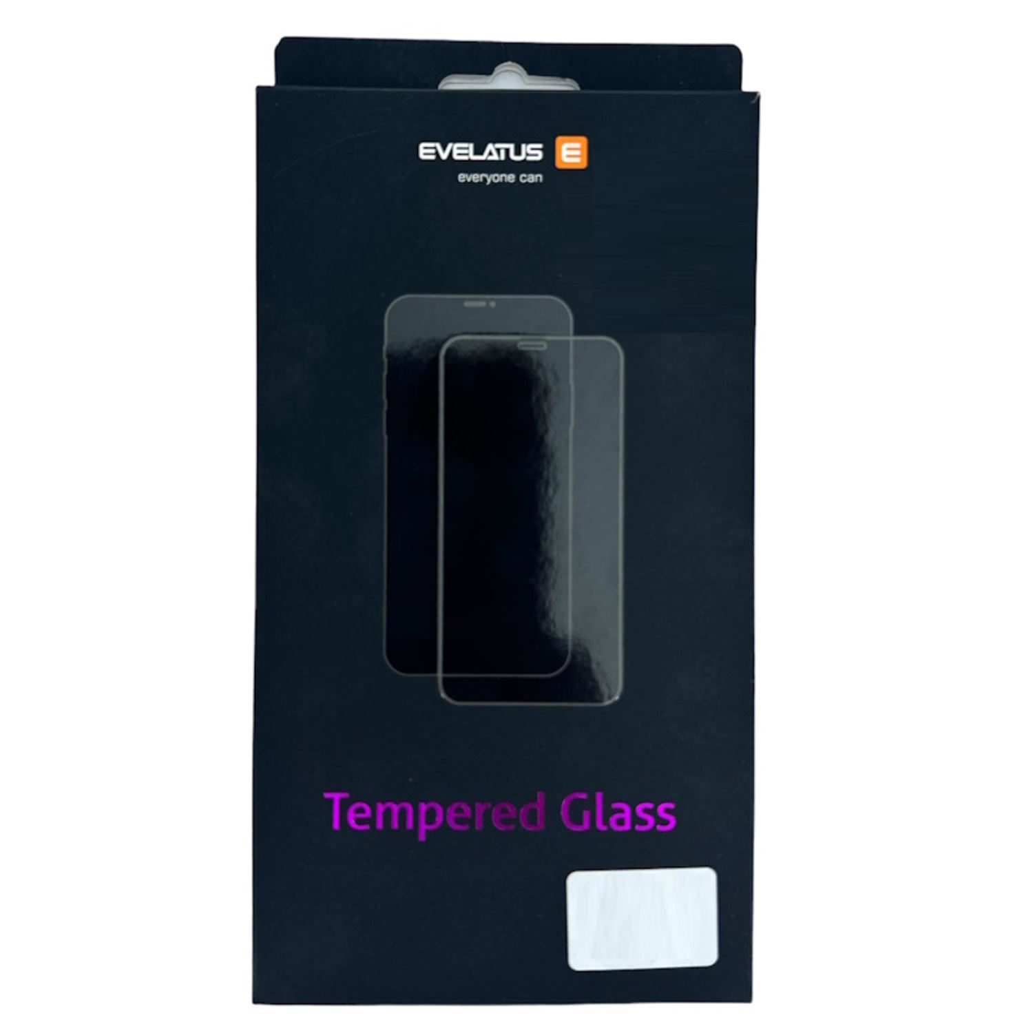 Una caja negra con una imagen de la pantalla de un teléfono y un protector de pantalla de vidrio templado.