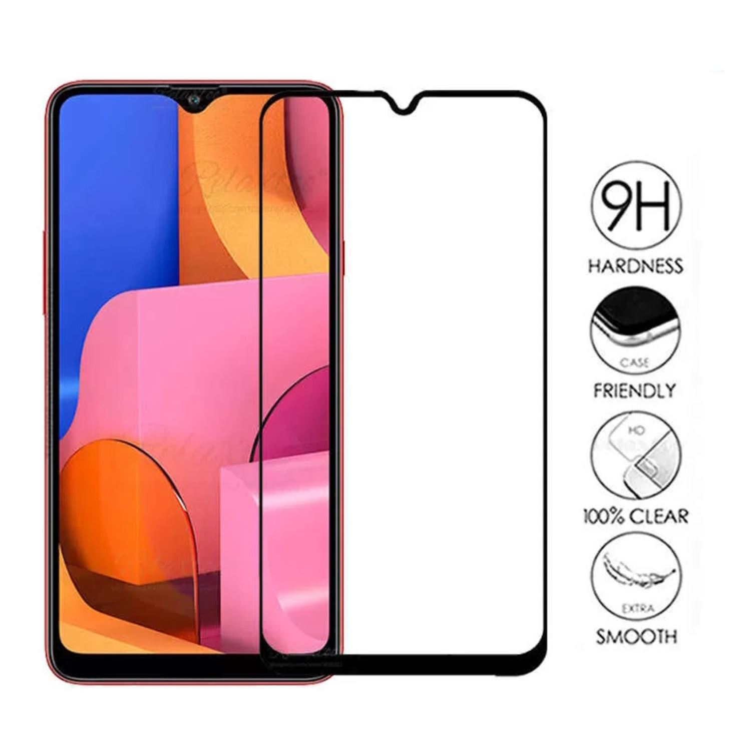 Un teléfono con protector de pantalla. El teléfono tiene un marco rojo y una pantalla rosa y naranja.