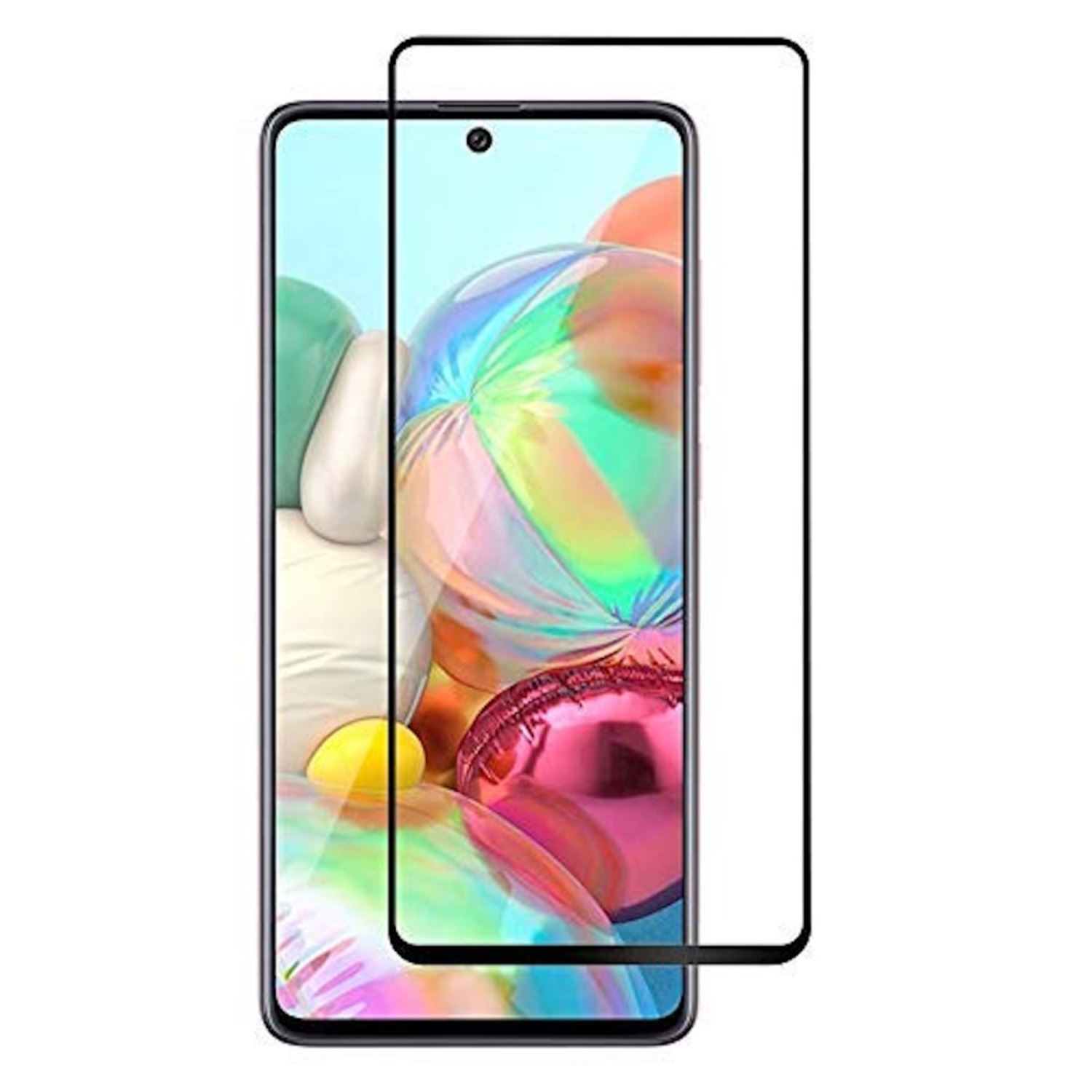 Smartphone con protector de pantalla. El teléfono tiene un marco negro y un fondo colorido.