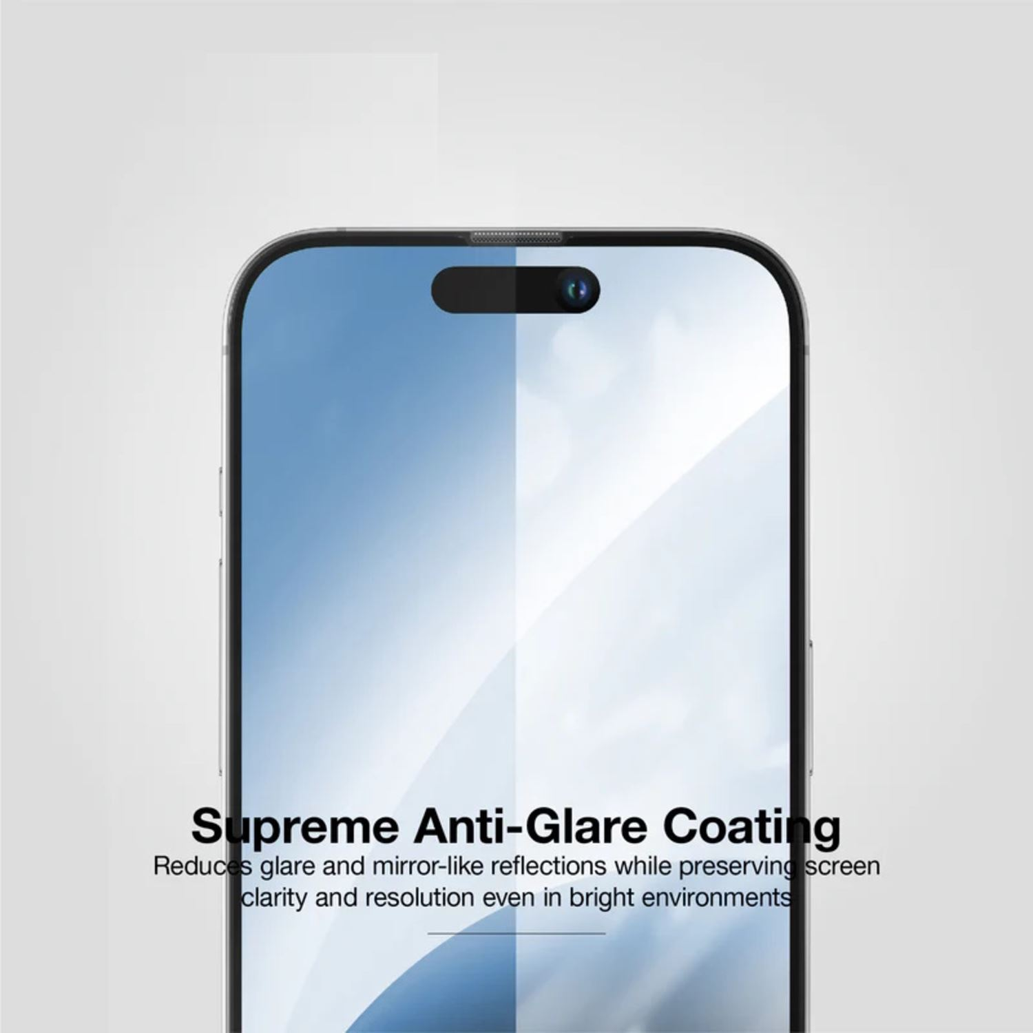 Pantalla de teléfono con texto "Supreme Anti-Glare Coating", sobre área de cámara negra.