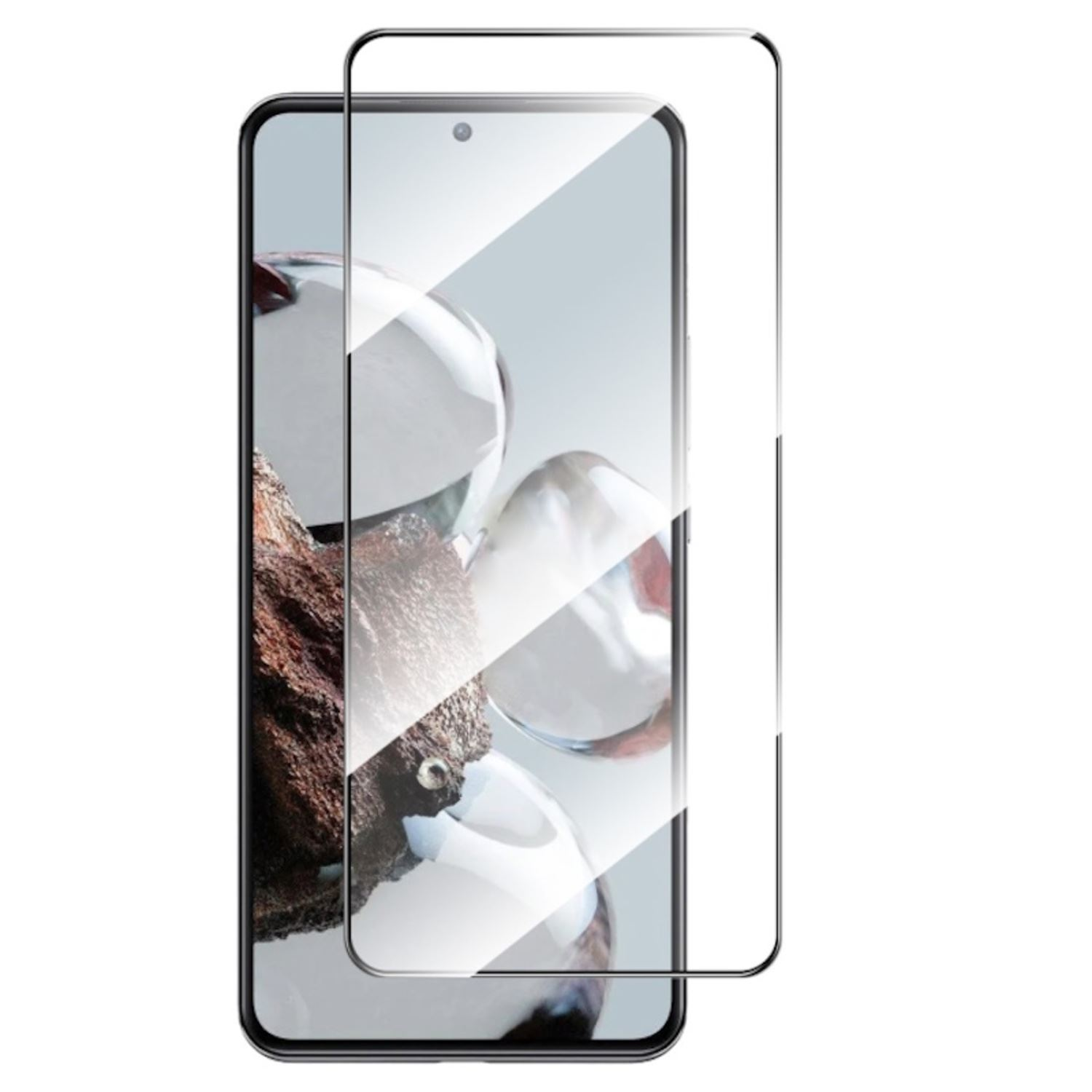 Protector de pantalla de teléfono en un teléfono, con reflejos de formas, contra un fondo borroso.