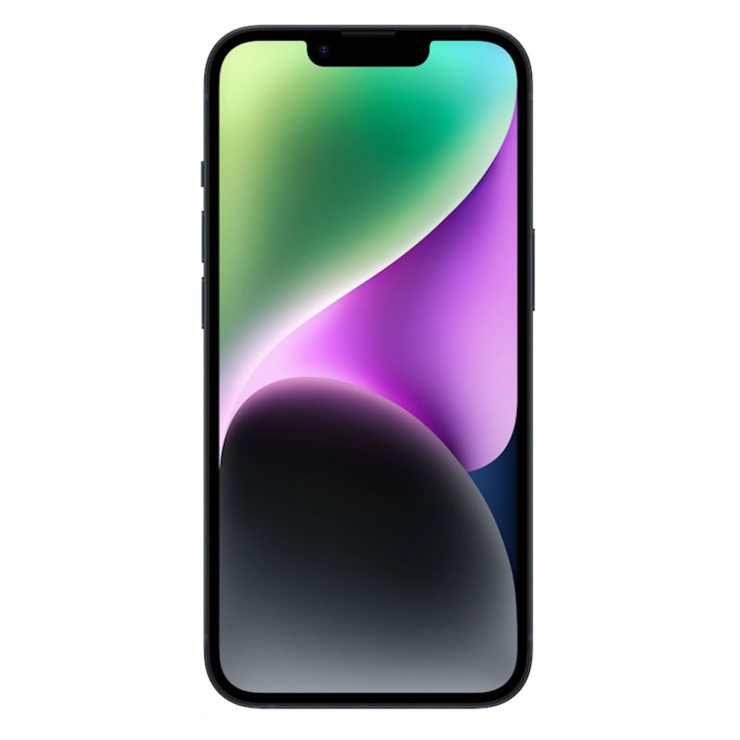 iPhone negro con pantalla colorida, sobre fondo blanco. La pantalla está encendida.