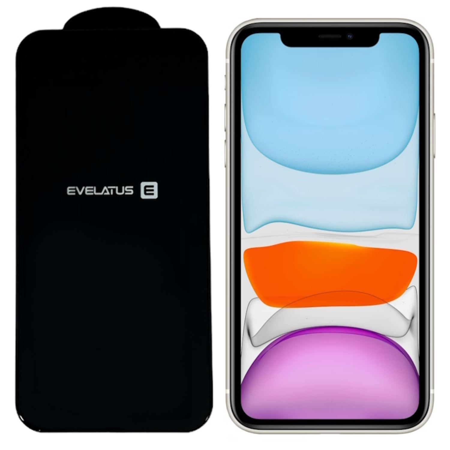 Teléfono con cargador negro. El teléfono muestra colores abstractos.