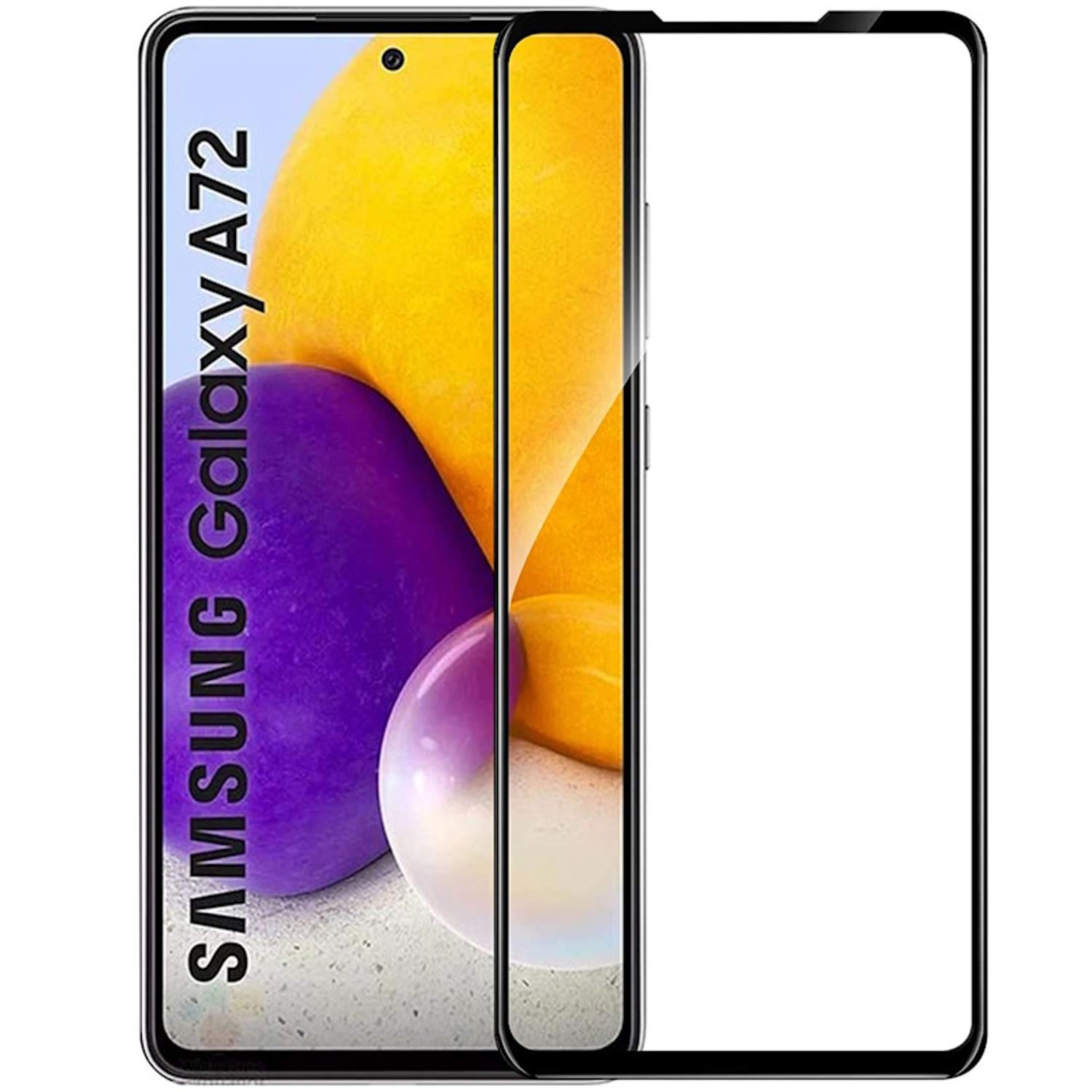 Una pantalla de teléfono y un protector de pantalla de vidrio templado. El teléfono tiene el logotipo de Samsung Galaxy A72.